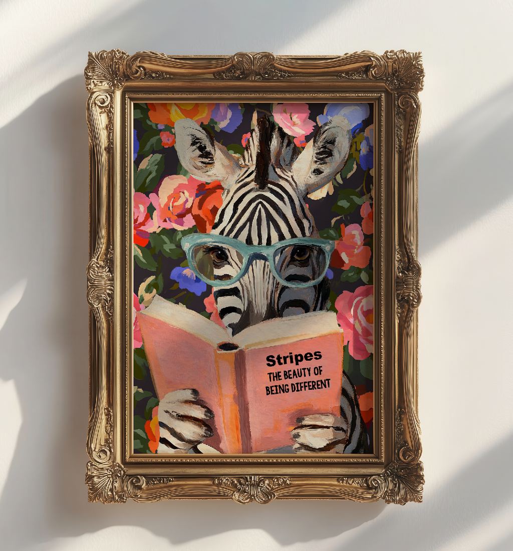 Zebra Reading Book Art Print – Literary Animal Wall Decor, Cute Zebra Illustration, Animal Lover Gift, Cozy Reading Nook Art