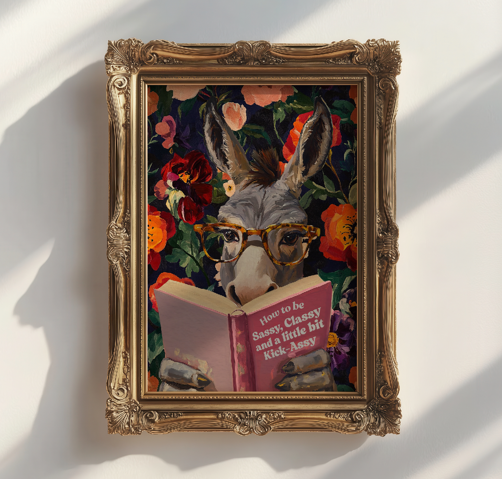 Donkey Reading Book Art Print – Whimsical Donkey Illustration, Animal Lover Gift, Funny Farm Animal Decor, Literary Donkey Wall Art