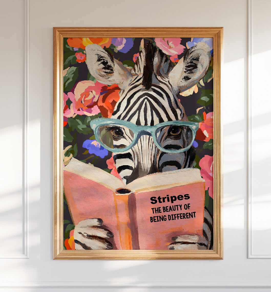 Zebra Reading Book Art Print – Literary Animal Wall Decor, Cute Zebra Illustration, Animal Lover Gift, Cozy Reading Nook Art