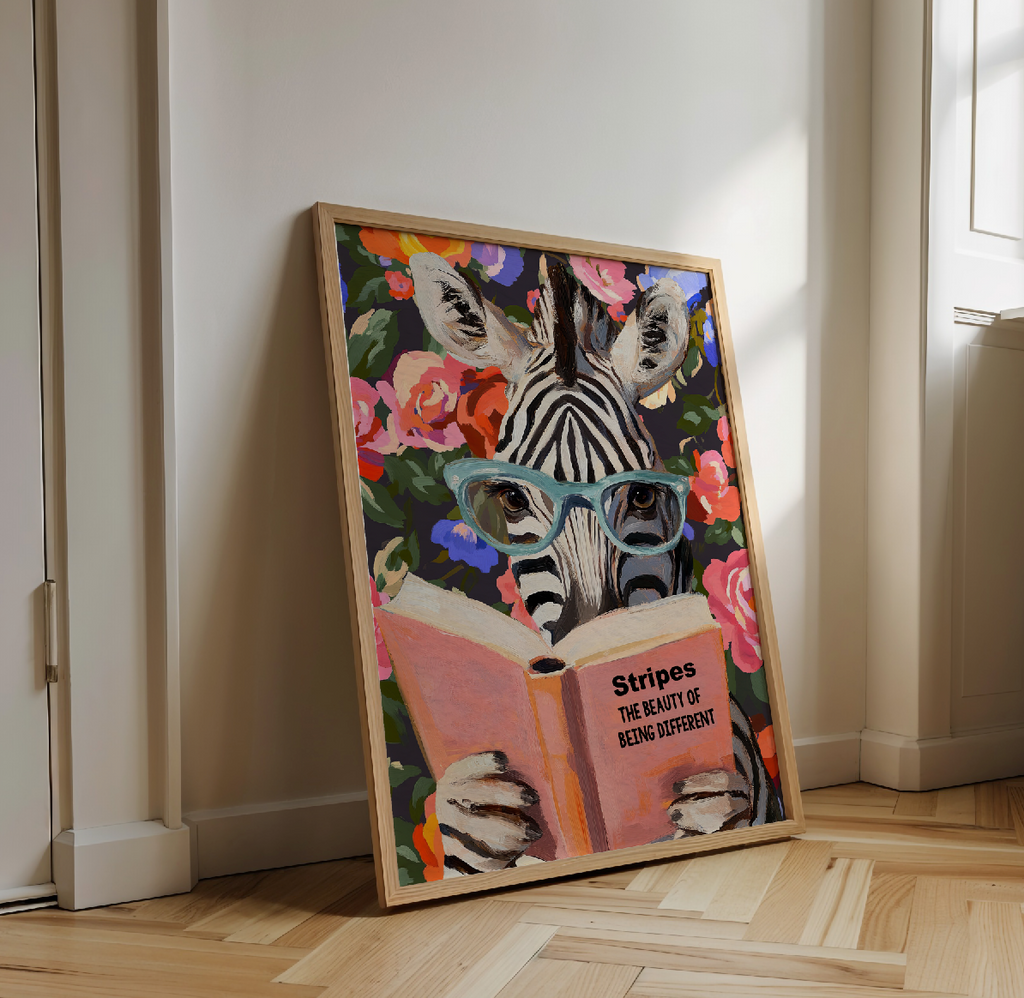 Zebra Reading Book Art Print – Literary Animal Wall Decor, Cute Zebra Illustration, Animal Lover Gift, Cozy Reading Nook Art