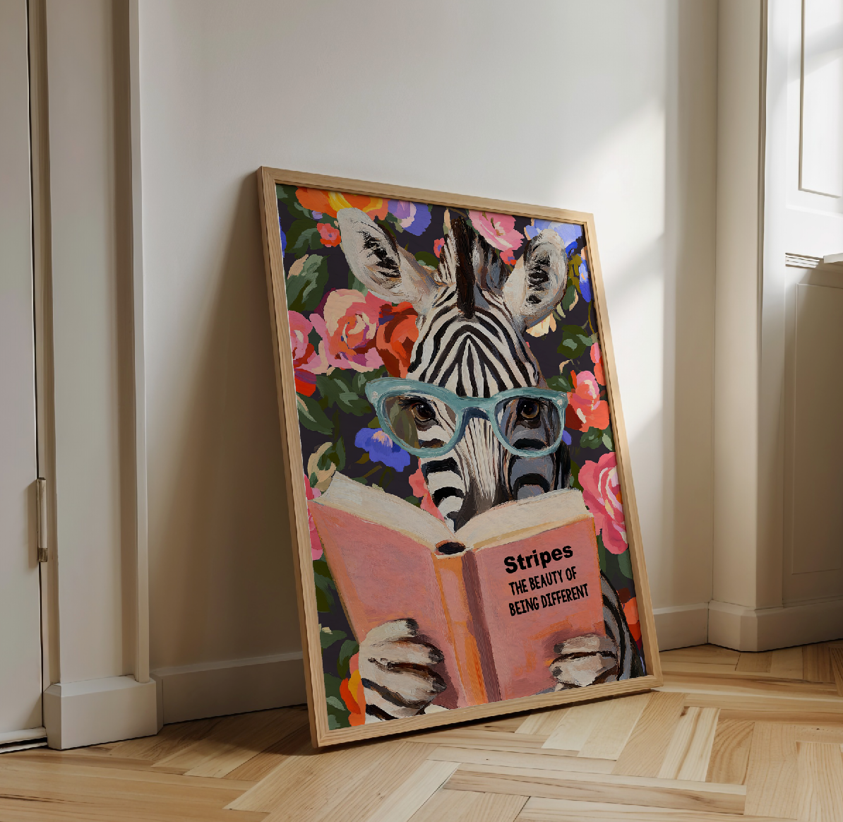 Zebra Reading Book Art Print – Literary Animal Wall Decor, Cute Zebra Illustration, Animal Lover Gift, Cozy Reading Nook Art