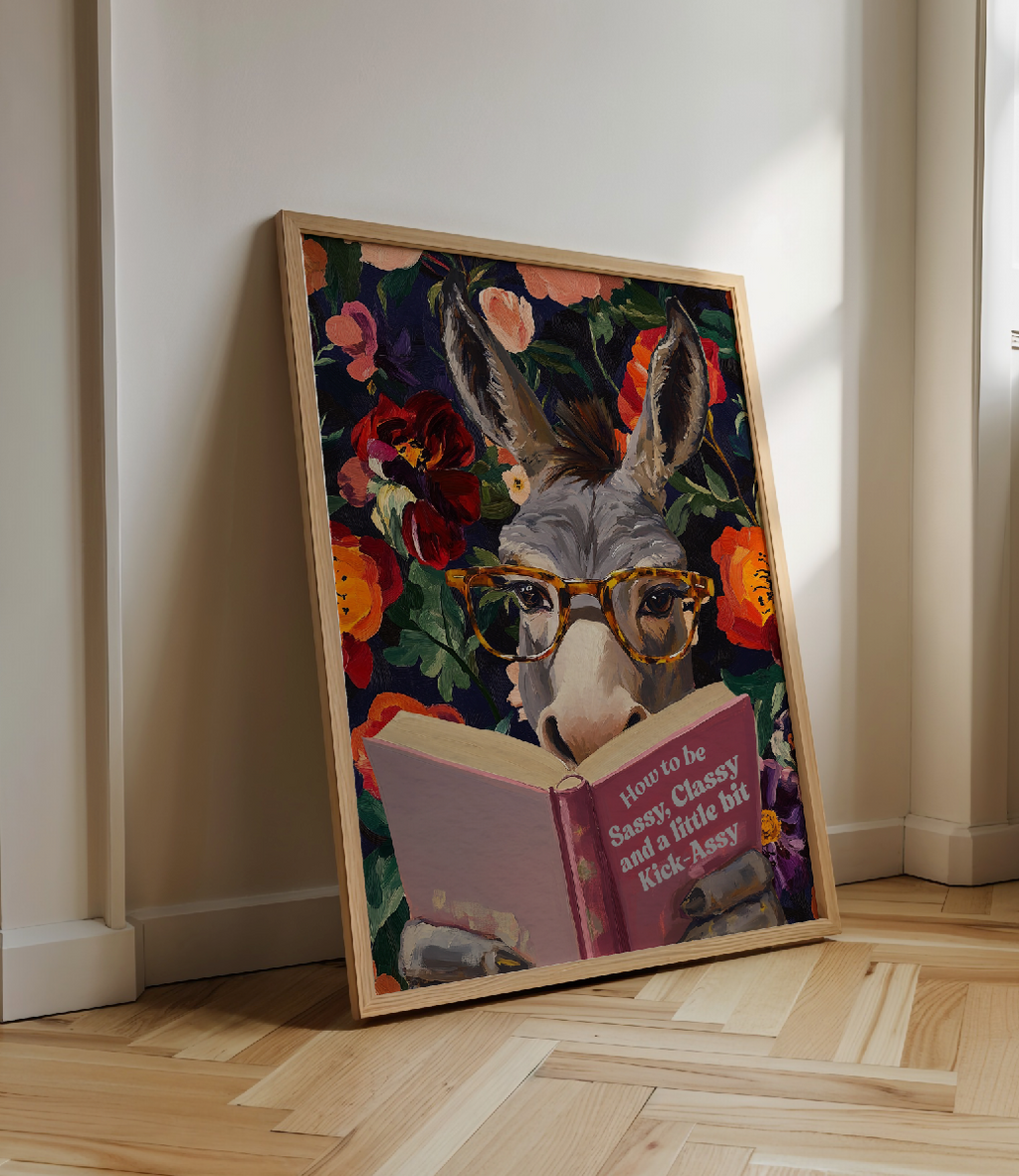 Donkey Reading Book Art Print – Whimsical Donkey Illustration, Animal Lover Gift, Funny Farm Animal Decor, Literary Donkey Wall Art