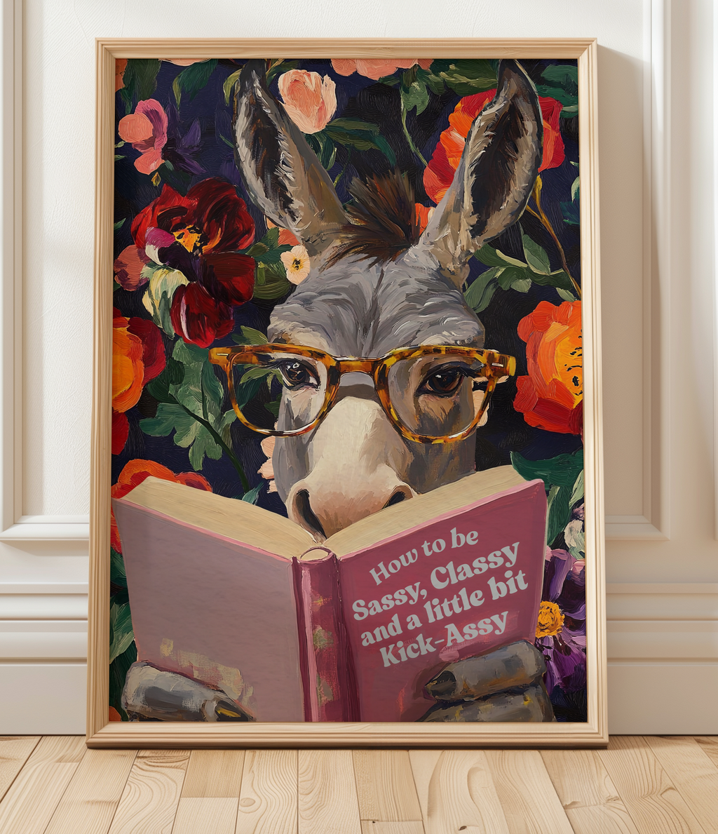 Donkey Reading Book Art Print – Whimsical Donkey Illustration, Animal Lover Gift, Funny Farm Animal Decor, Literary Donkey Wall Art