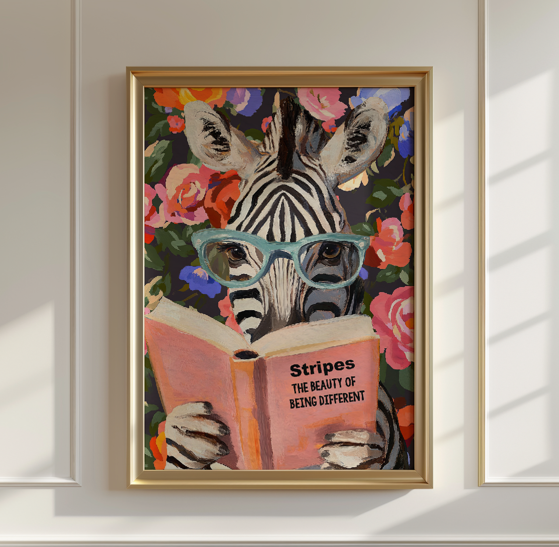 Zebra Reading Book Art Print – Literary Animal Wall Decor, Cute Zebra Illustration, Animal Lover Gift, Cozy Reading Nook Art