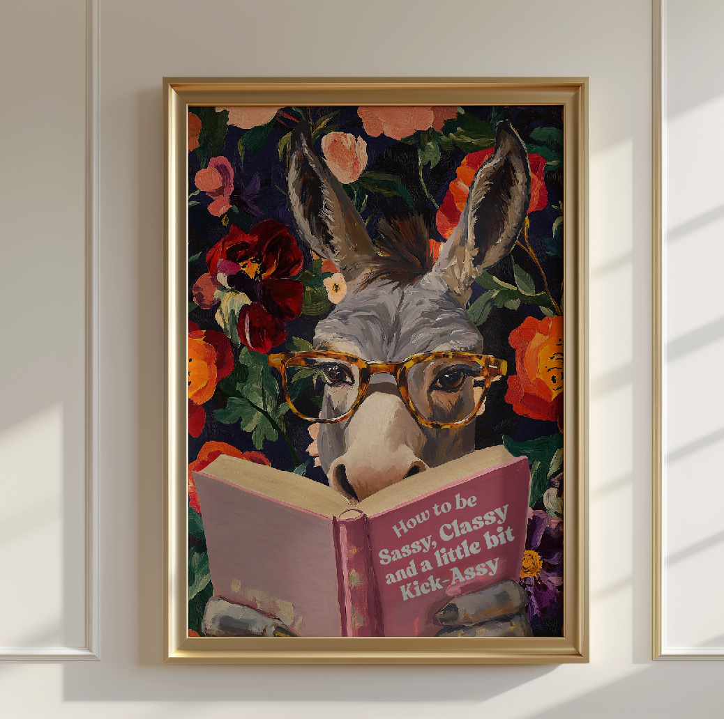 Donkey Reading Book Art Print – Whimsical Donkey Illustration, Animal Lover Gift, Funny Farm Animal Decor, Literary Donkey Wall Art