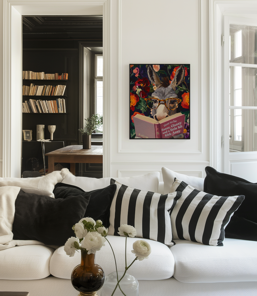 Donkey Reading Book Art Print – Whimsical Donkey Illustration, Animal Lover Gift, Funny Farm Animal Decor, Literary Donkey Wall Art