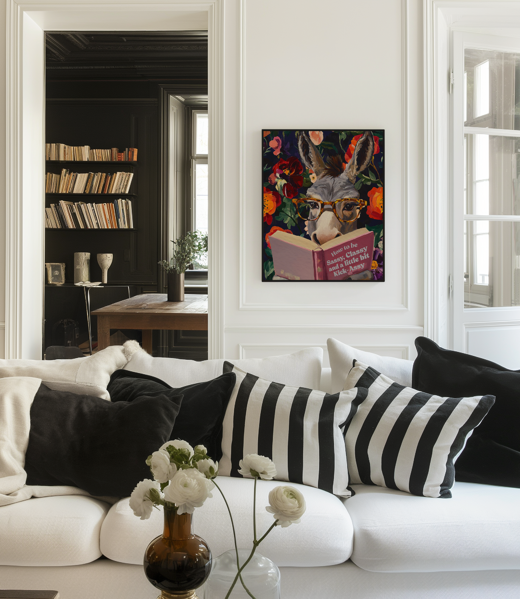 Donkey Reading Book Art Print – Whimsical Donkey Illustration, Animal Lover Gift, Funny Farm Animal Decor, Literary Donkey Wall Art