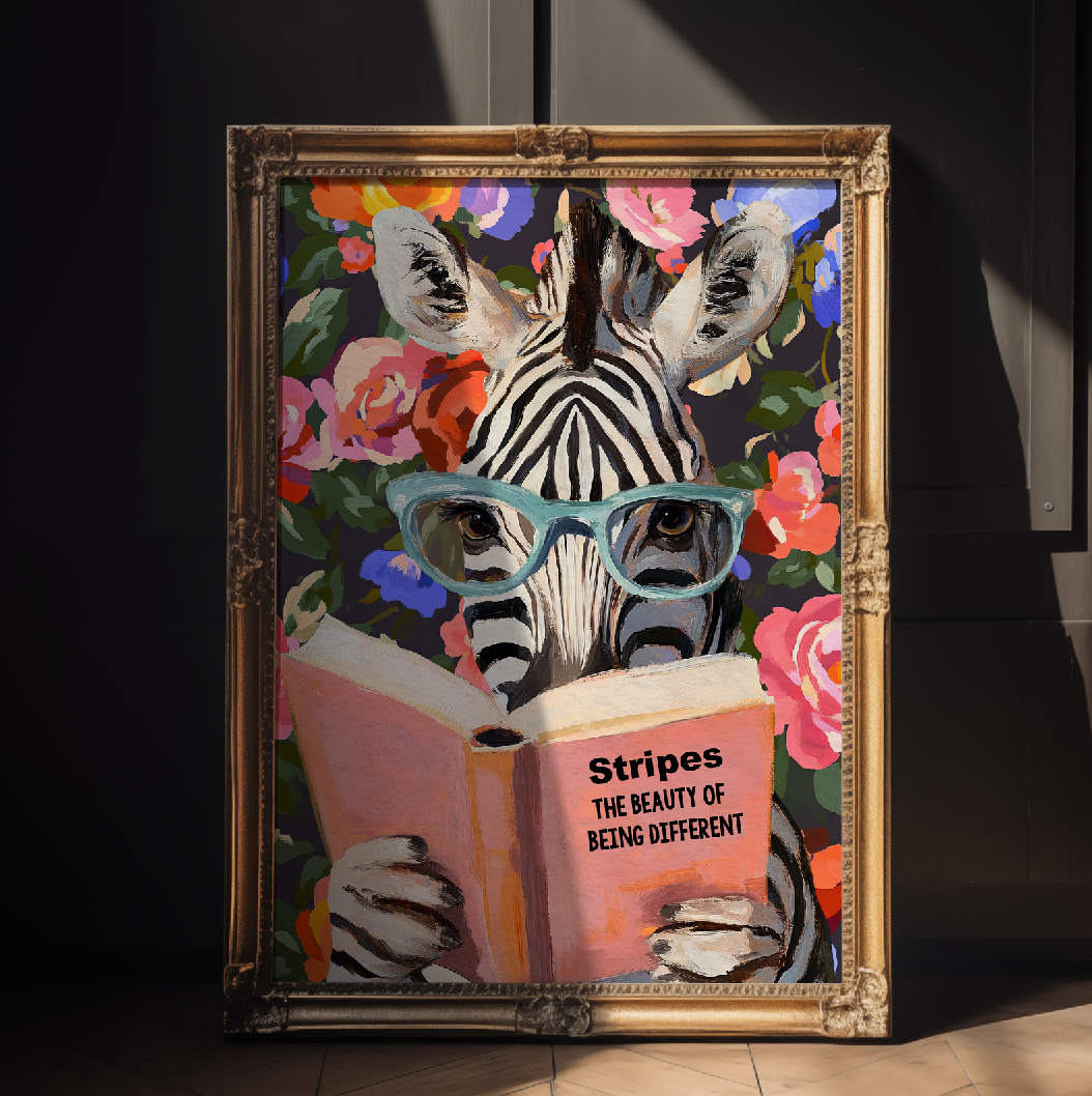 Zebra Reading Book Art Print – Literary Animal Wall Decor, Cute Zebra Illustration, Animal Lover Gift, Cozy Reading Nook Art