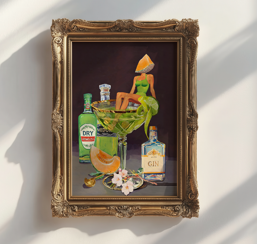 Kyoto Melon Cocktail Girl Art Print – Retro Bar Cart Decor – Japanese-Inspired Drink Wall Art – Pop Art Poster Mixology Art
