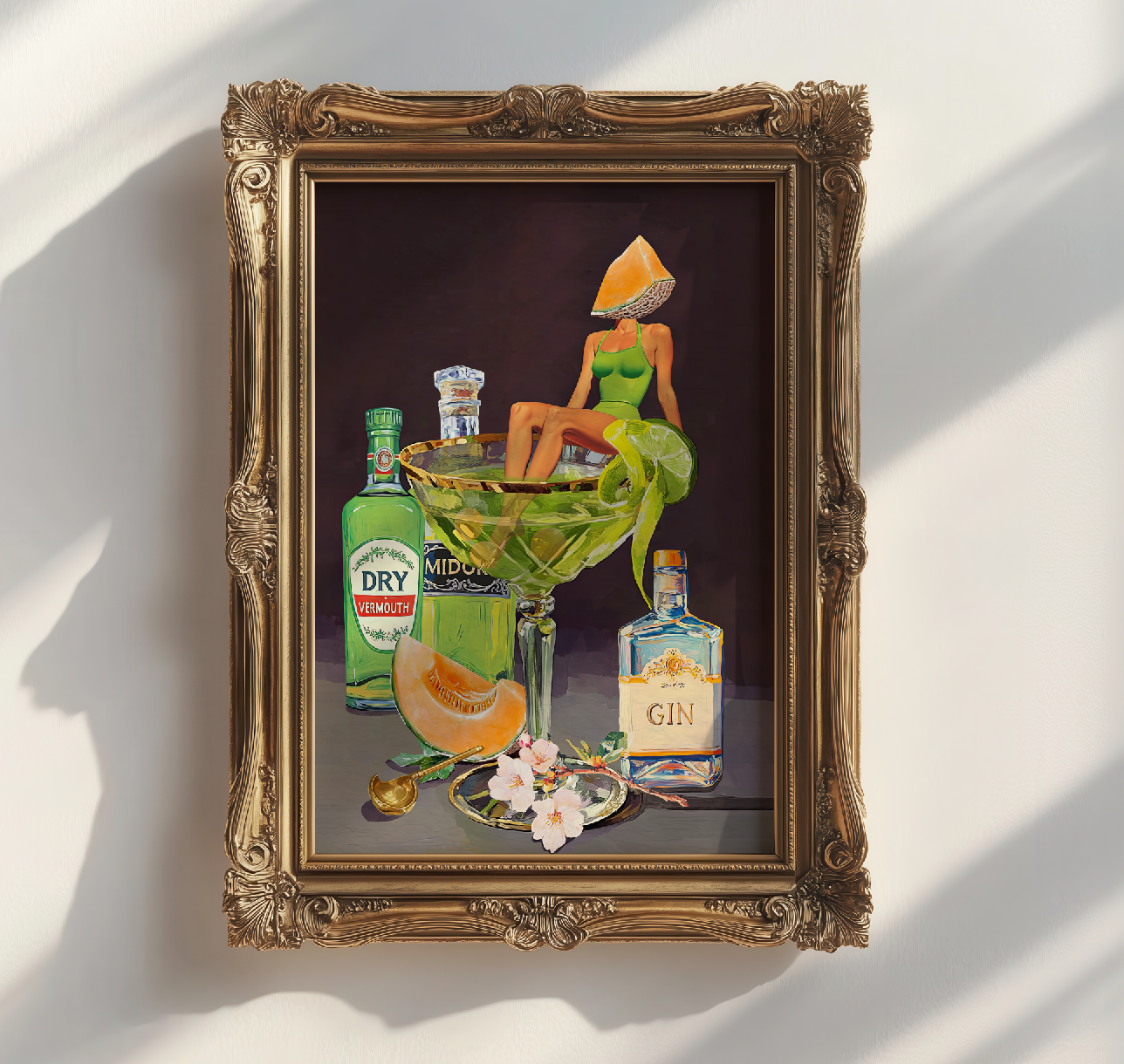Kyoto Melon Cocktail Girl Art Print – Retro Bar Cart Decor – Japanese-Inspired Drink Wall Art – Pop Art Poster Mixology Art