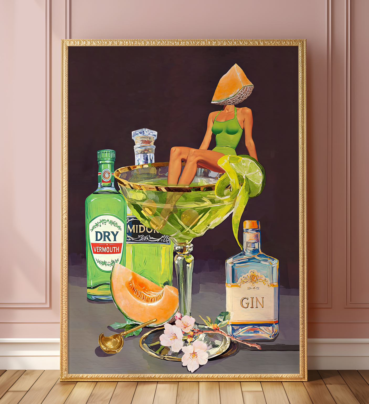 Kyoto Melon Cocktail Girl Art Print – Retro Bar Cart Decor – Japanese-Inspired Drink Wall Art – Pop Art Poster Mixology Art