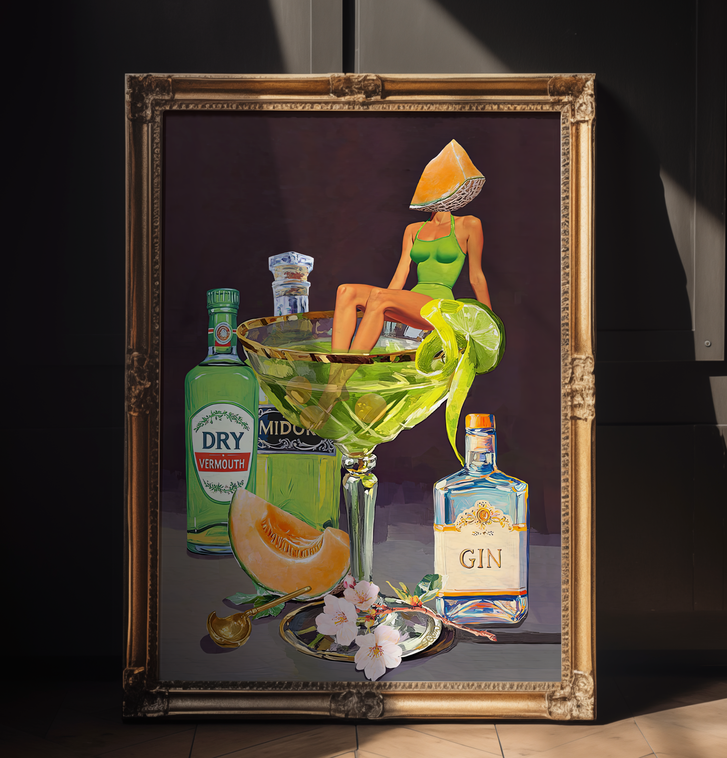 Kyoto Melon Cocktail Girl Art Print – Retro Bar Cart Decor – Japanese-Inspired Drink Wall Art – Pop Art Poster Mixology Art
