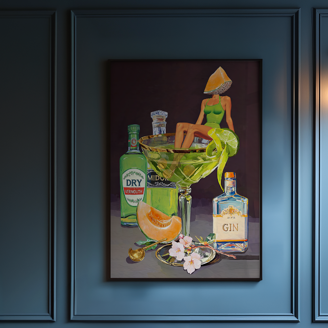 Kyoto Melon Cocktail Girl Art Print – Retro Bar Cart Decor – Japanese-Inspired Drink Wall Art – Pop Art Poster Mixology Art