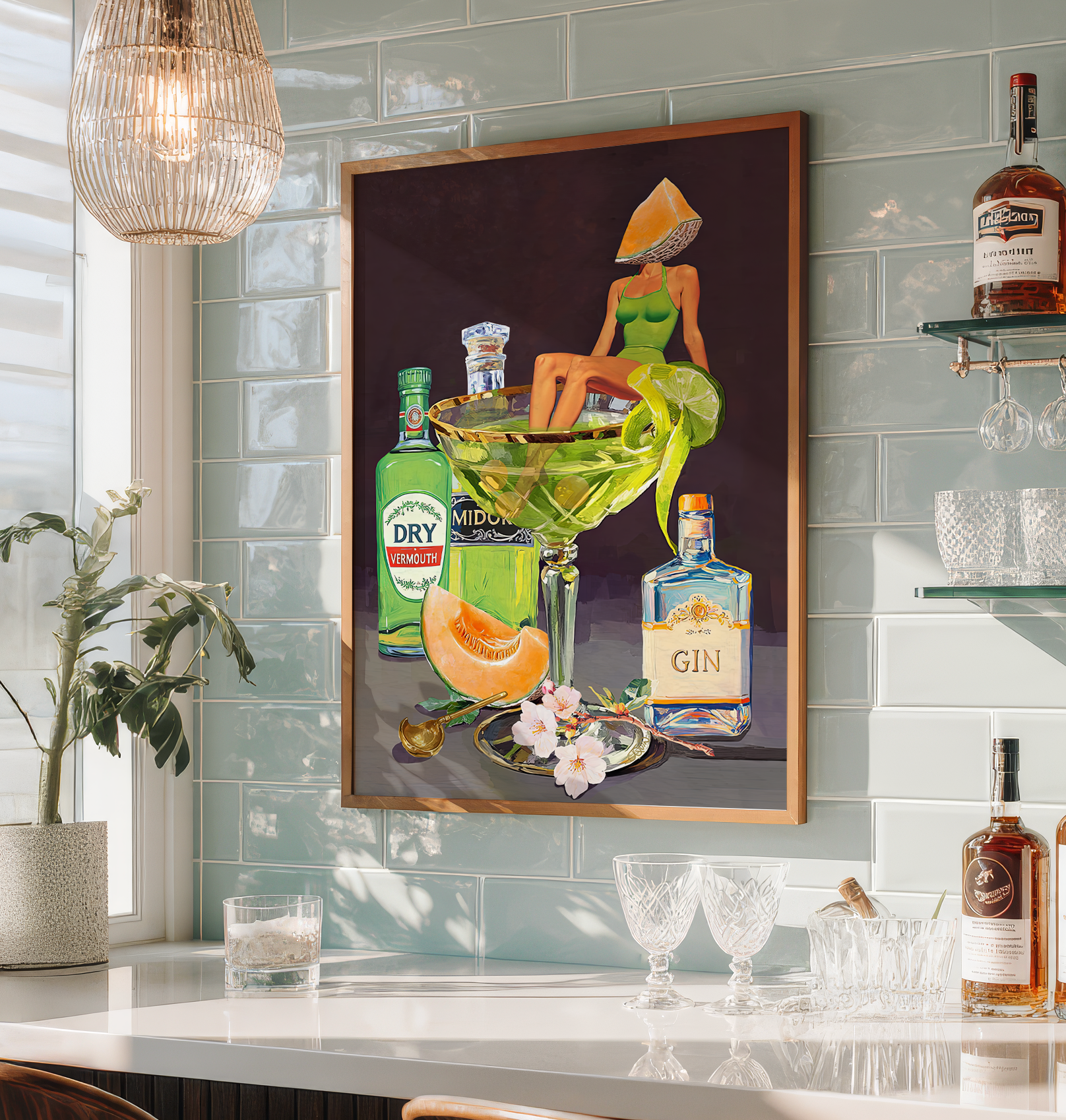 Kyoto Melon Cocktail Girl Art Print – Retro Bar Cart Decor – Japanese-Inspired Drink Wall Art – Pop Art Poster Mixology Art