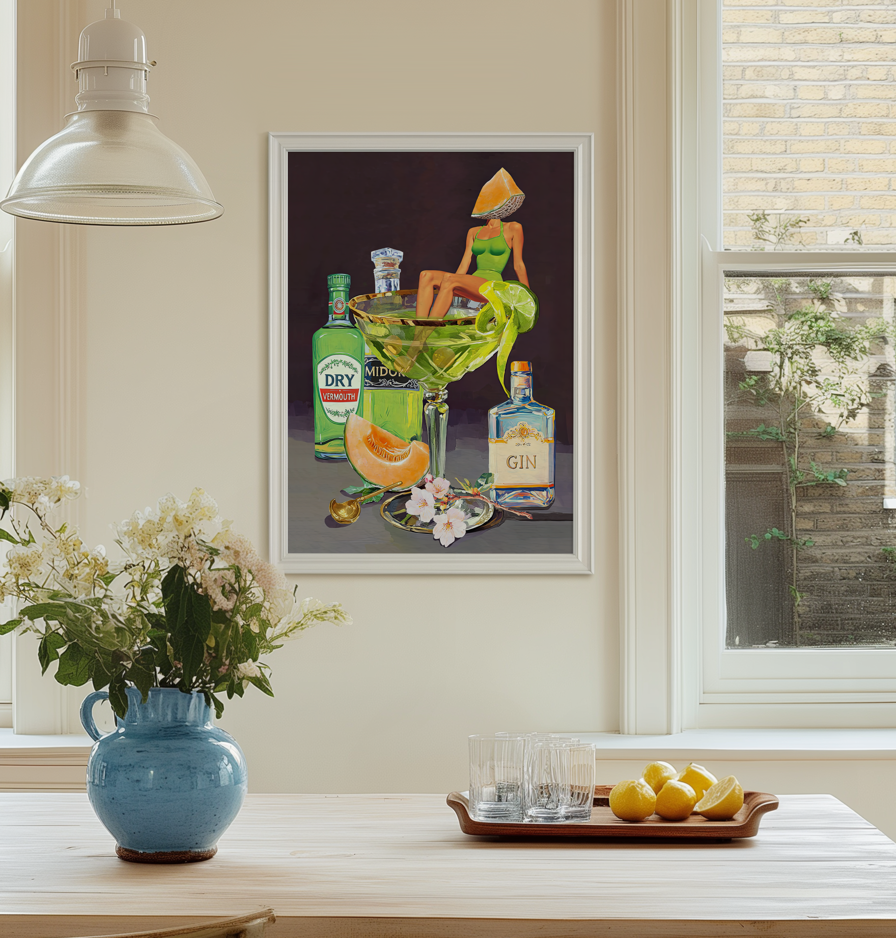 Kyoto Melon Cocktail Girl Art Print – Retro Bar Cart Decor – Japanese-Inspired Drink Wall Art – Pop Art Poster Mixology Art
