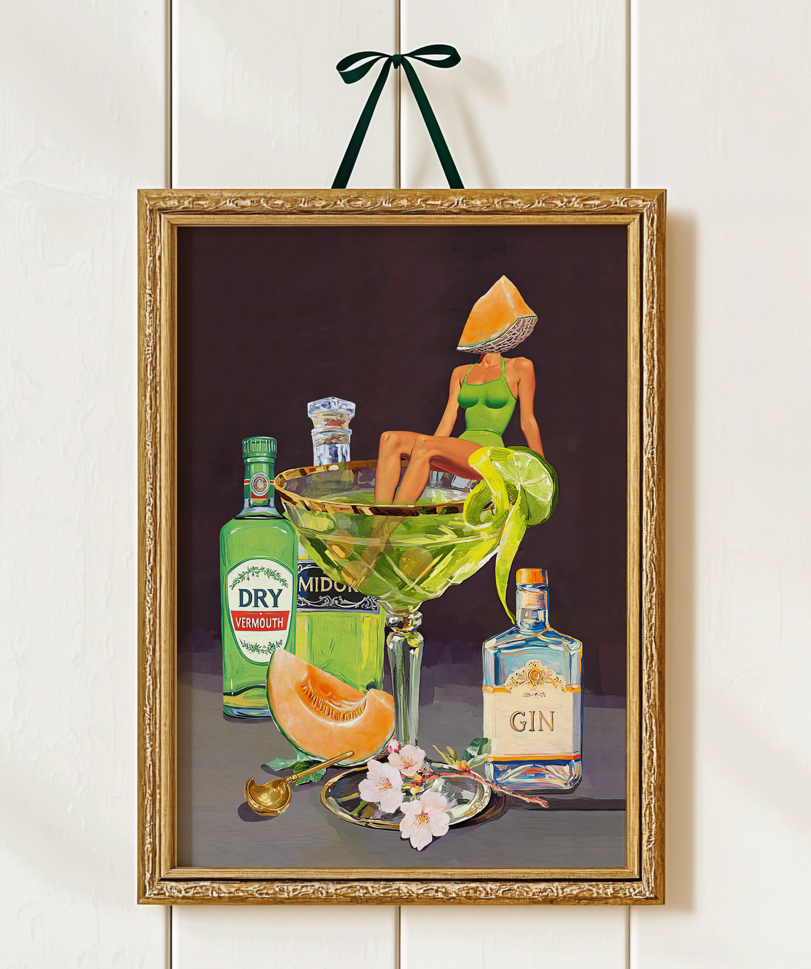 Kyoto Melon Cocktail Girl Art Print – Retro Bar Cart Decor – Japanese-Inspired Drink Wall Art – Pop Art Poster Mixology Art