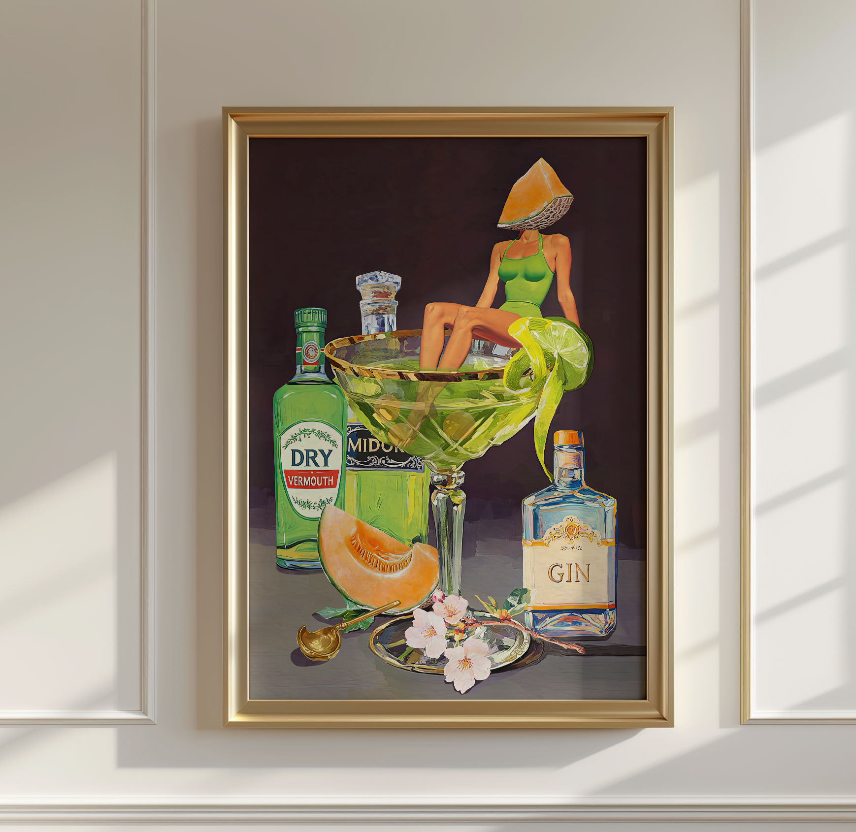 Kyoto Melon Cocktail Girl Art Print – Retro Bar Cart Decor – Japanese-Inspired Drink Wall Art – Pop Art Poster Mixology Art