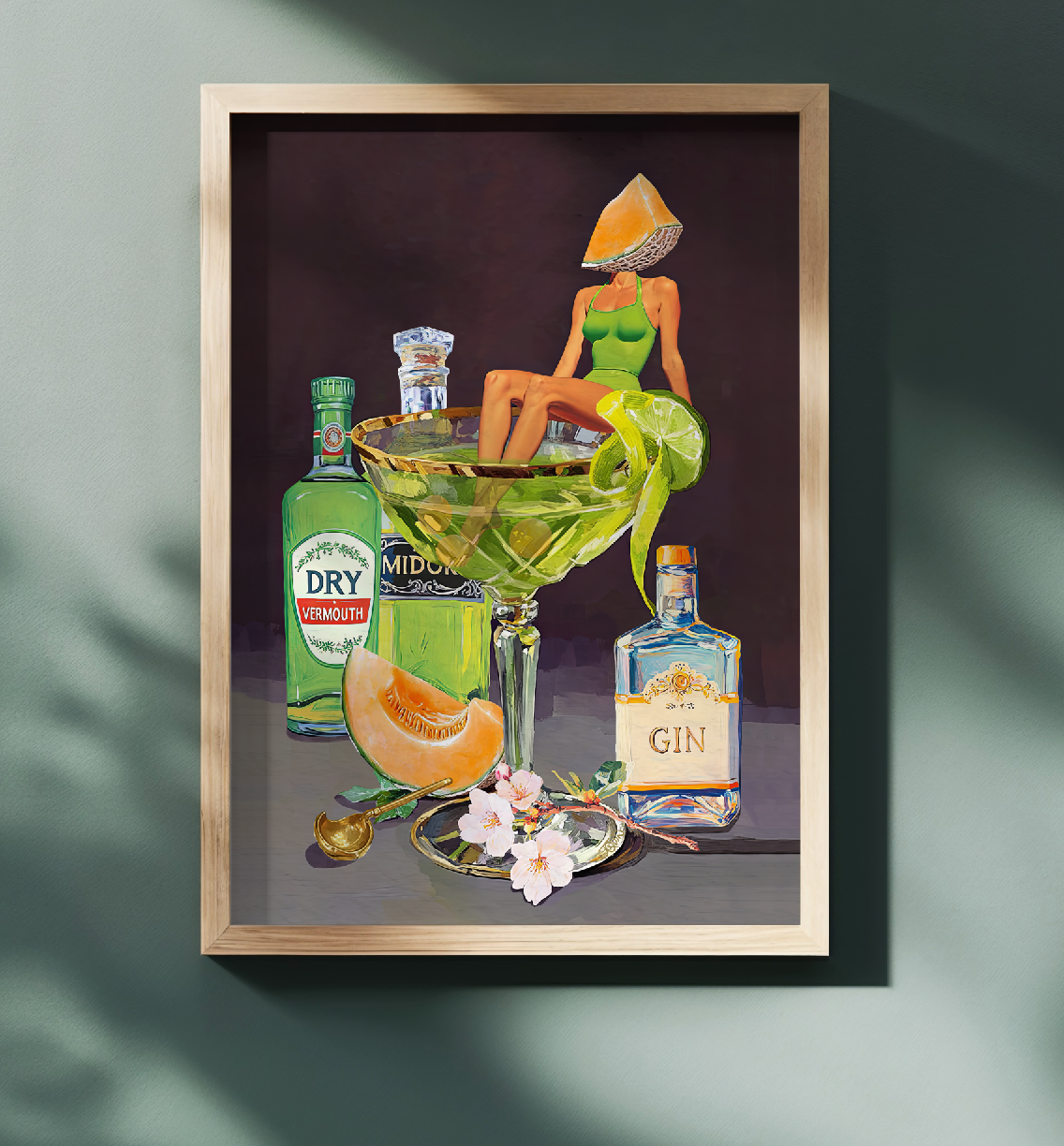Kyoto Melon Cocktail Girl Art Print – Retro Bar Cart Decor – Japanese-Inspired Drink Wall Art – Pop Art Poster Mixology Art