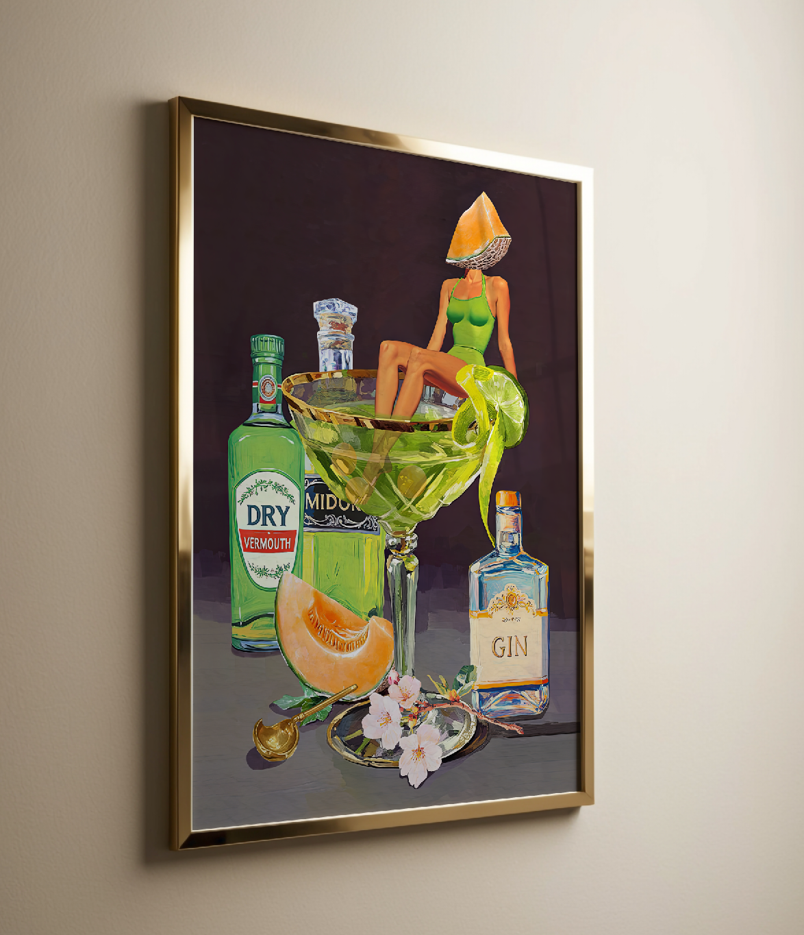 Kyoto Melon Cocktail Girl Art Print – Retro Bar Cart Decor – Japanese-Inspired Drink Wall Art – Pop Art Poster Mixology Art
