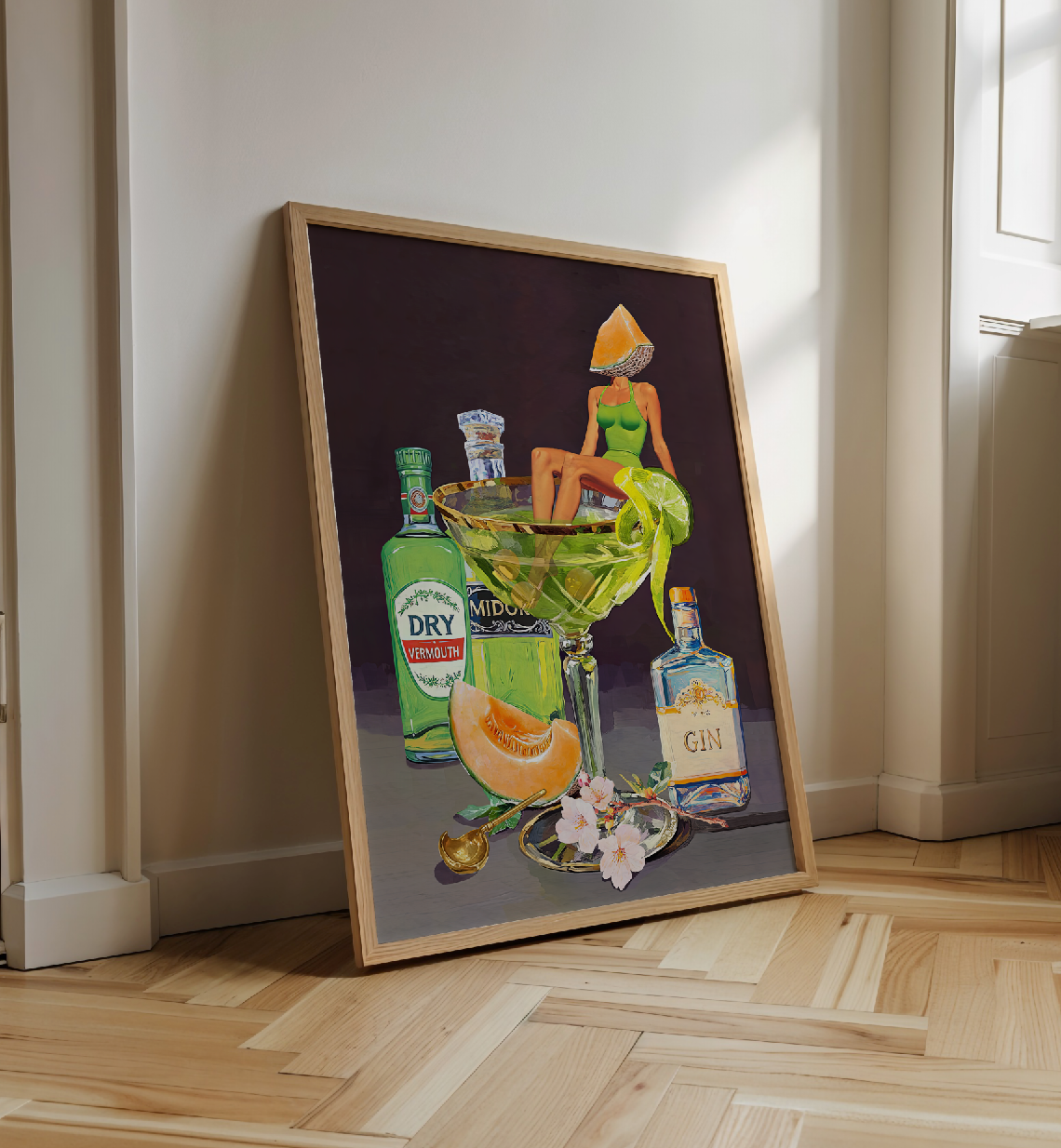 Kyoto Melon Cocktail Girl Art Print – Retro Bar Cart Decor – Japanese-Inspired Drink Wall Art – Pop Art Poster Mixology Art