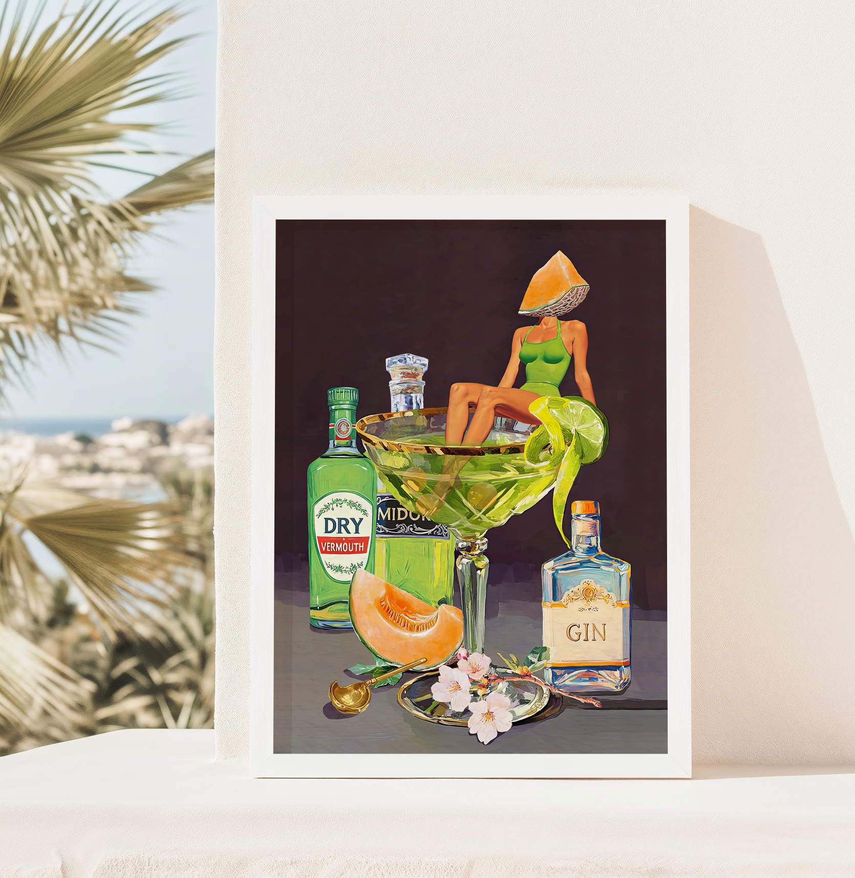 Kyoto Melon Cocktail Girl Art Print – Retro Bar Cart Decor – Japanese-Inspired Drink Wall Art – Pop Art Poster Mixology Art