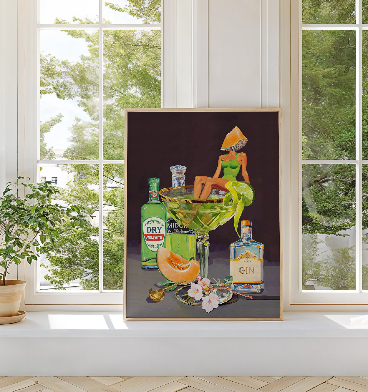 Kyoto Melon Cocktail Girl Art Print – Retro Bar Cart Decor – Japanese-Inspired Drink Wall Art – Pop Art Poster Mixology Art