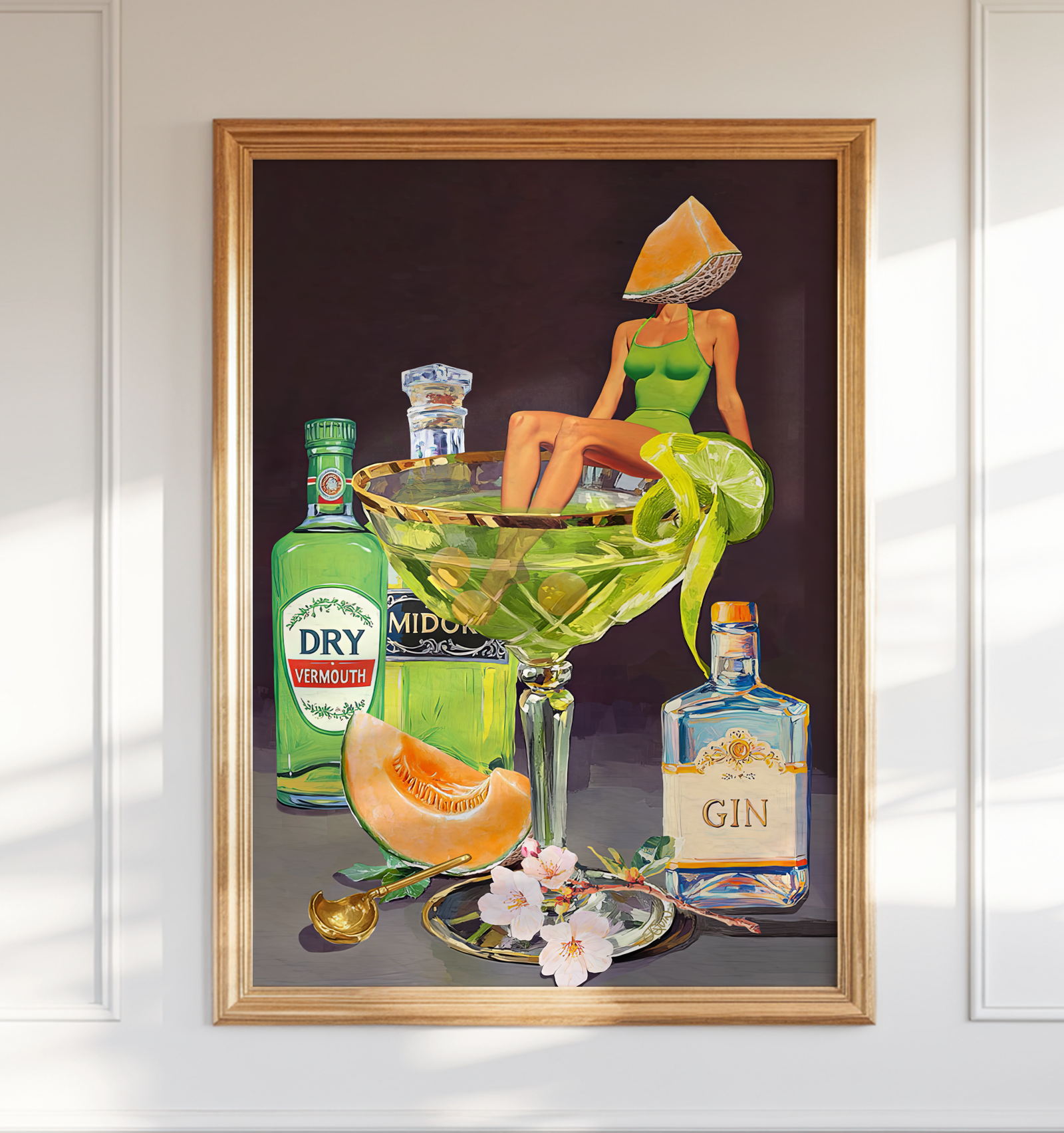 Kyoto Melon Cocktail Girl Art Print – Retro Bar Cart Decor – Japanese-Inspired Drink Wall Art – Pop Art Poster Mixology Art