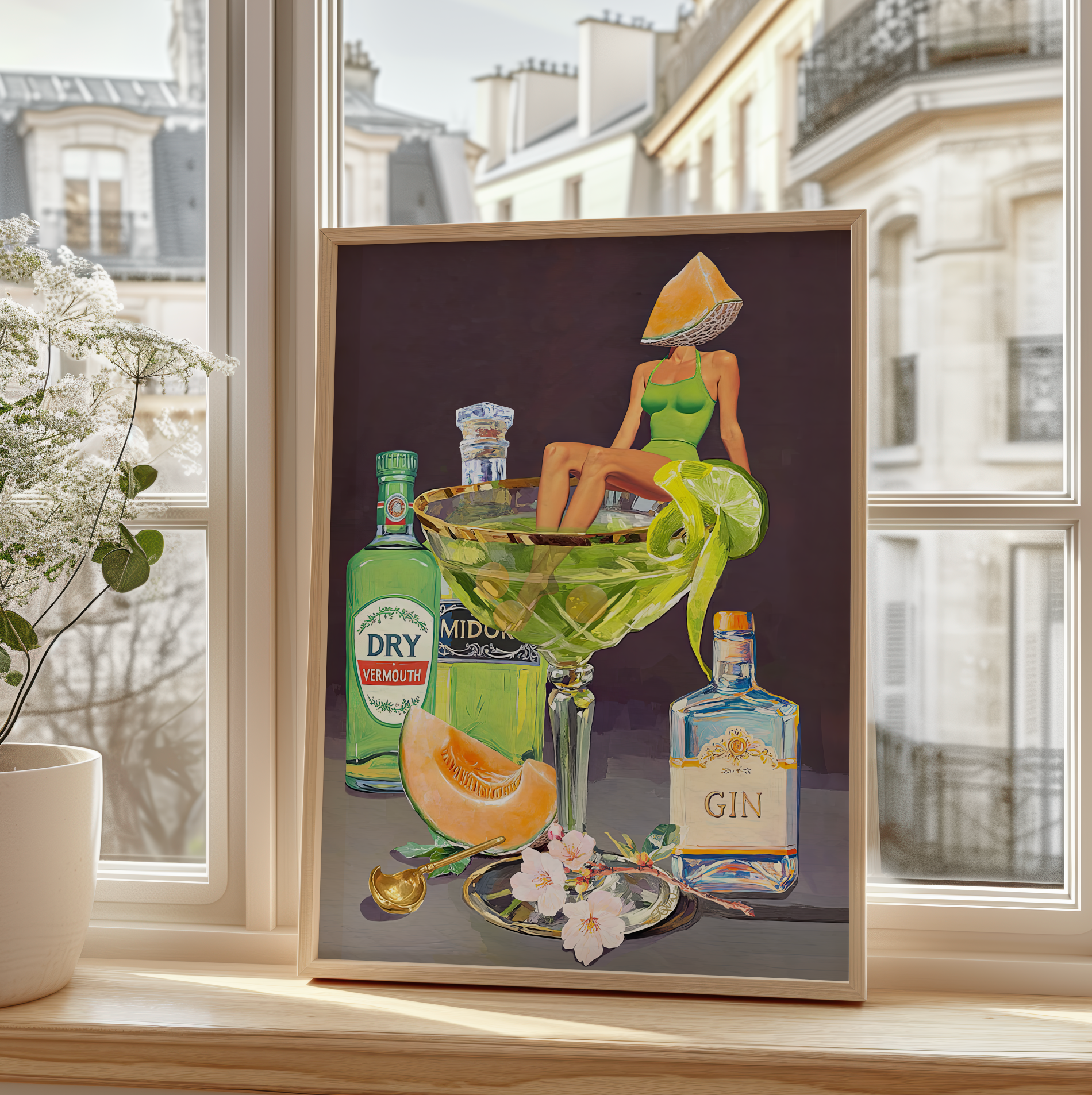 Kyoto Melon Cocktail Girl Art Print – Retro Bar Cart Decor – Japanese-Inspired Drink Wall Art – Pop Art Poster Mixology Art