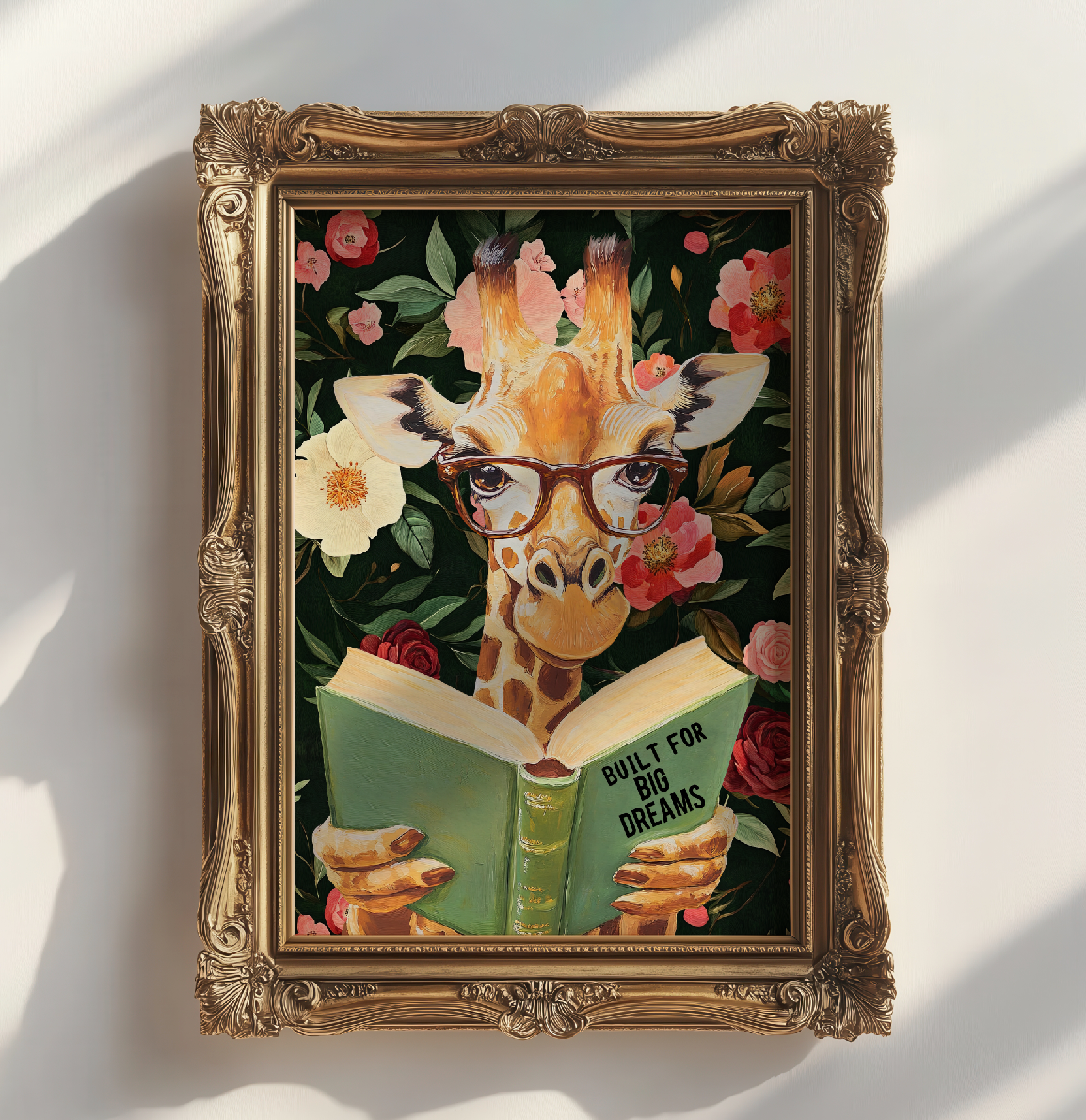 Giraffe Reading Book Art Print – "Built for Big Dreams," Literary Animal Decor, Whimsical Giraffe Illustration, Kids Room Wall Art