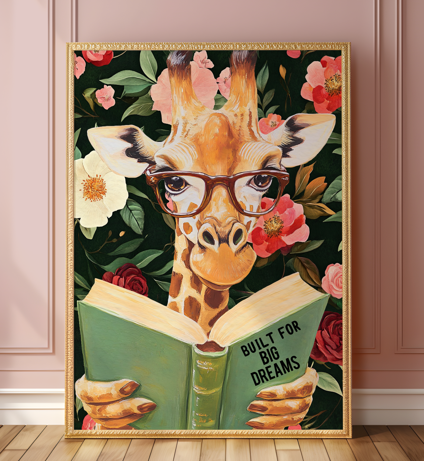 Giraffe Reading Book Art Print – "Built for Big Dreams," Literary Animal Decor, Whimsical Giraffe Illustration, Kids Room Wall Art