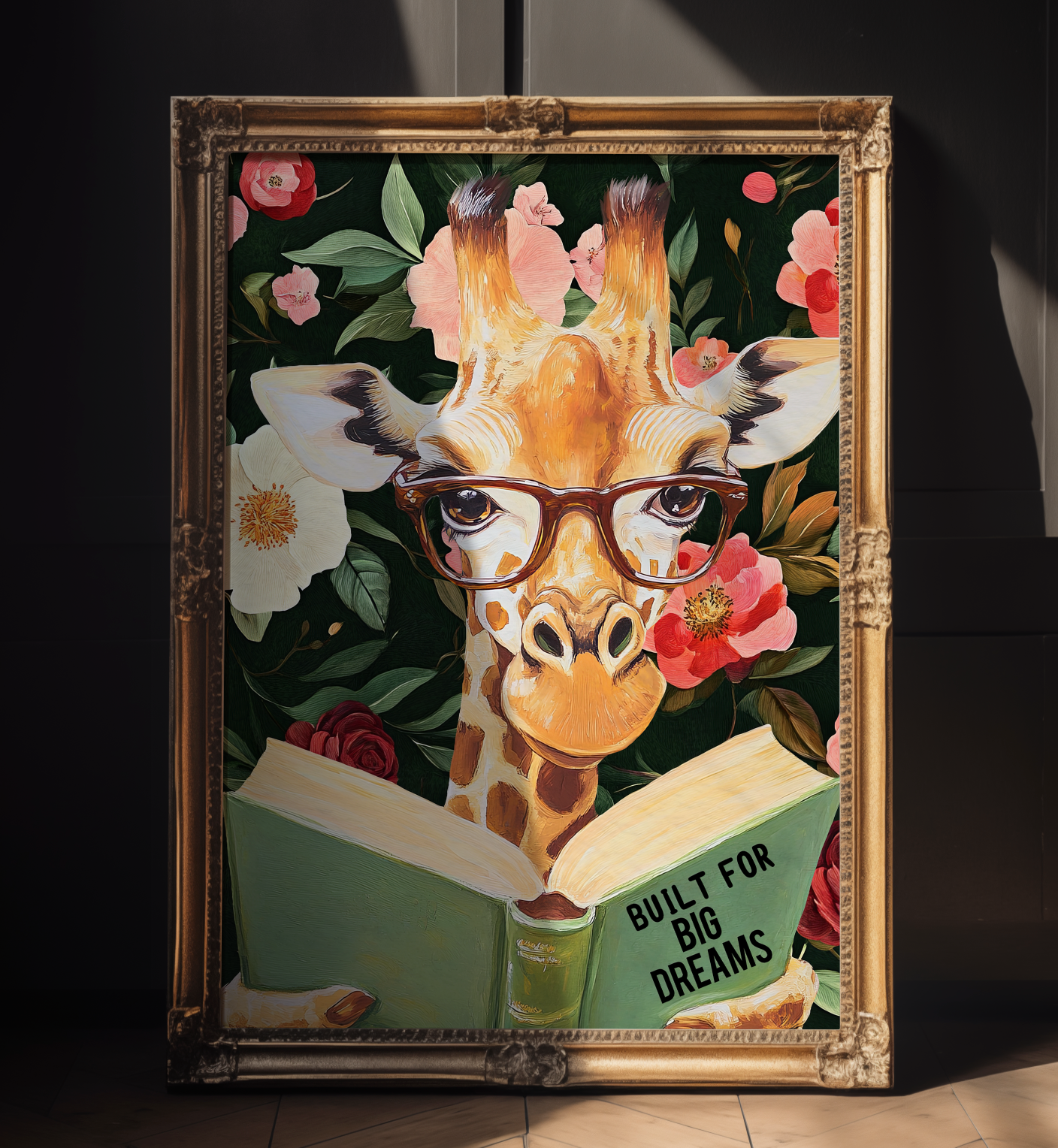 Giraffe Reading Book Art Print – "Built for Big Dreams," Literary Animal Decor, Whimsical Giraffe Illustration, Kids Room Wall Art