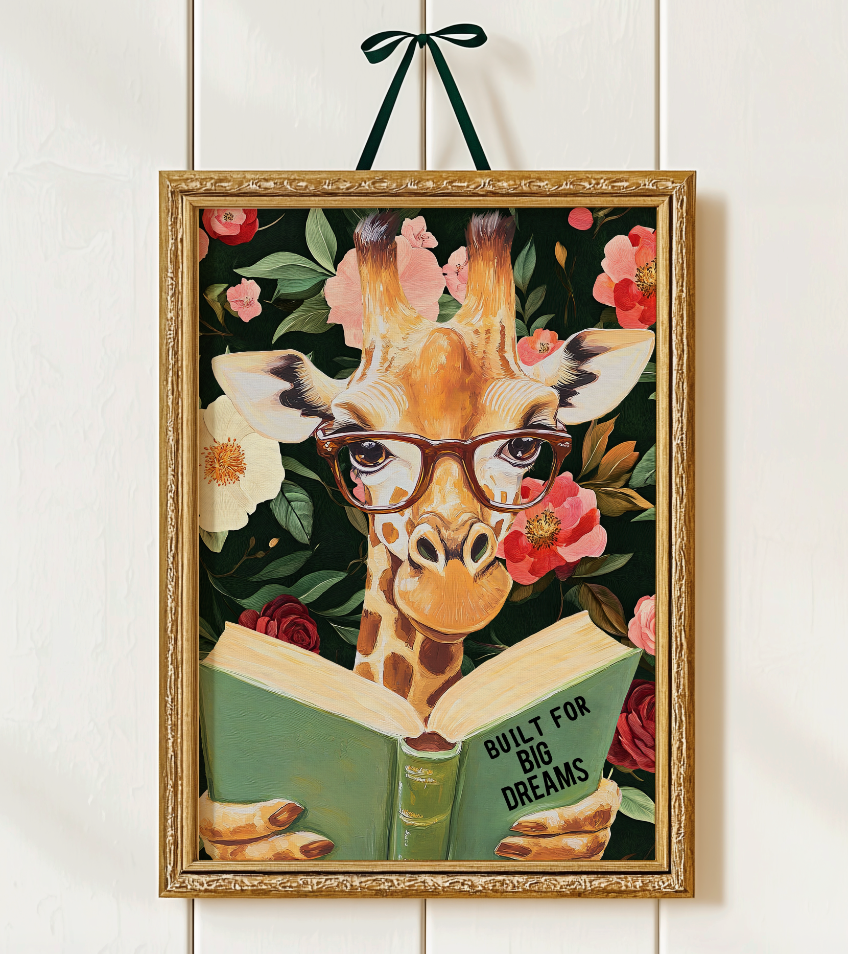 Giraffe Reading Book Art Print – "Built for Big Dreams," Literary Animal Decor, Whimsical Giraffe Illustration, Kids Room Wall Art