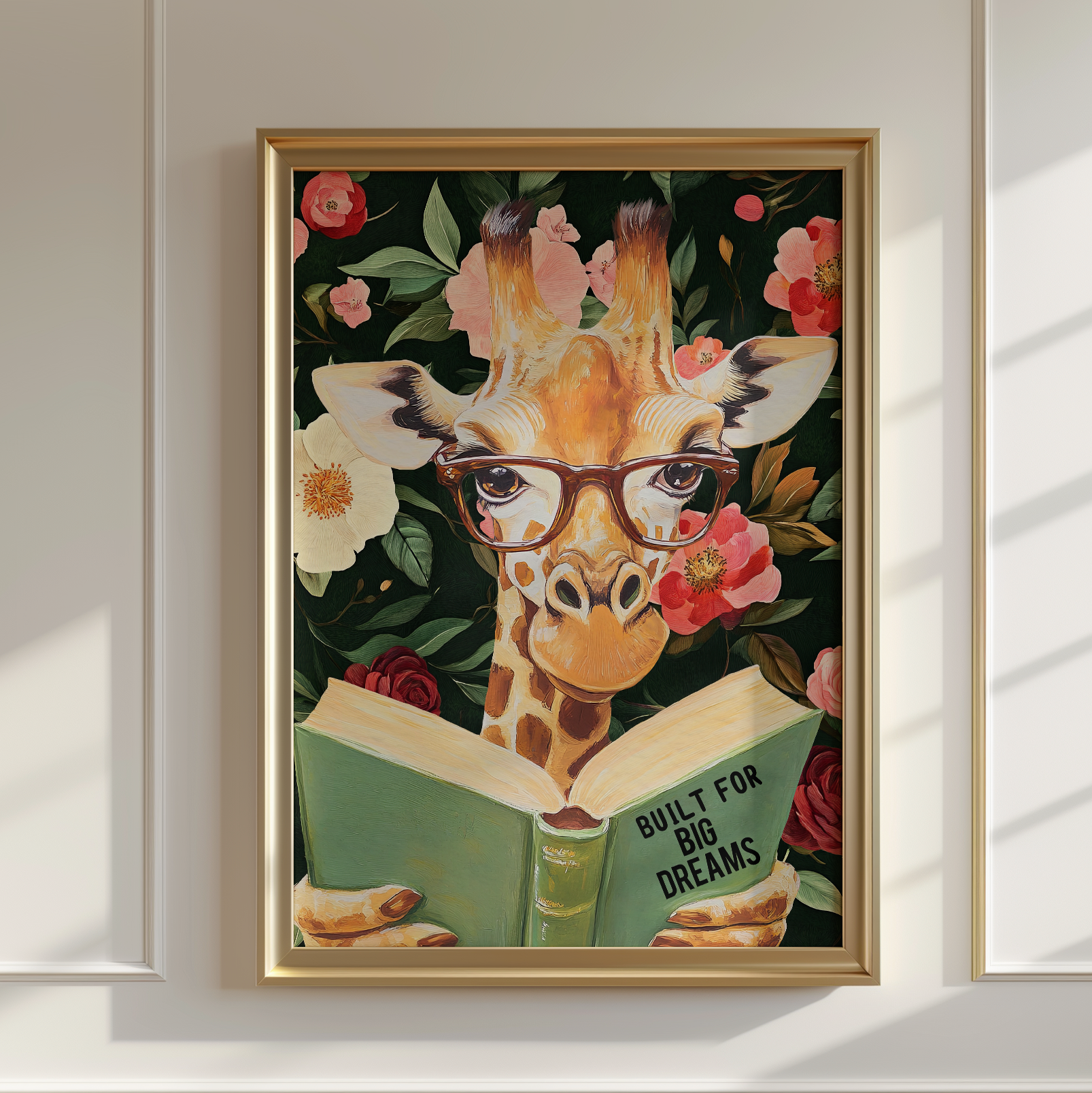 Giraffe Reading Book Art Print – "Built for Big Dreams," Literary Animal Decor, Whimsical Giraffe Illustration, Kids Room Wall Art
