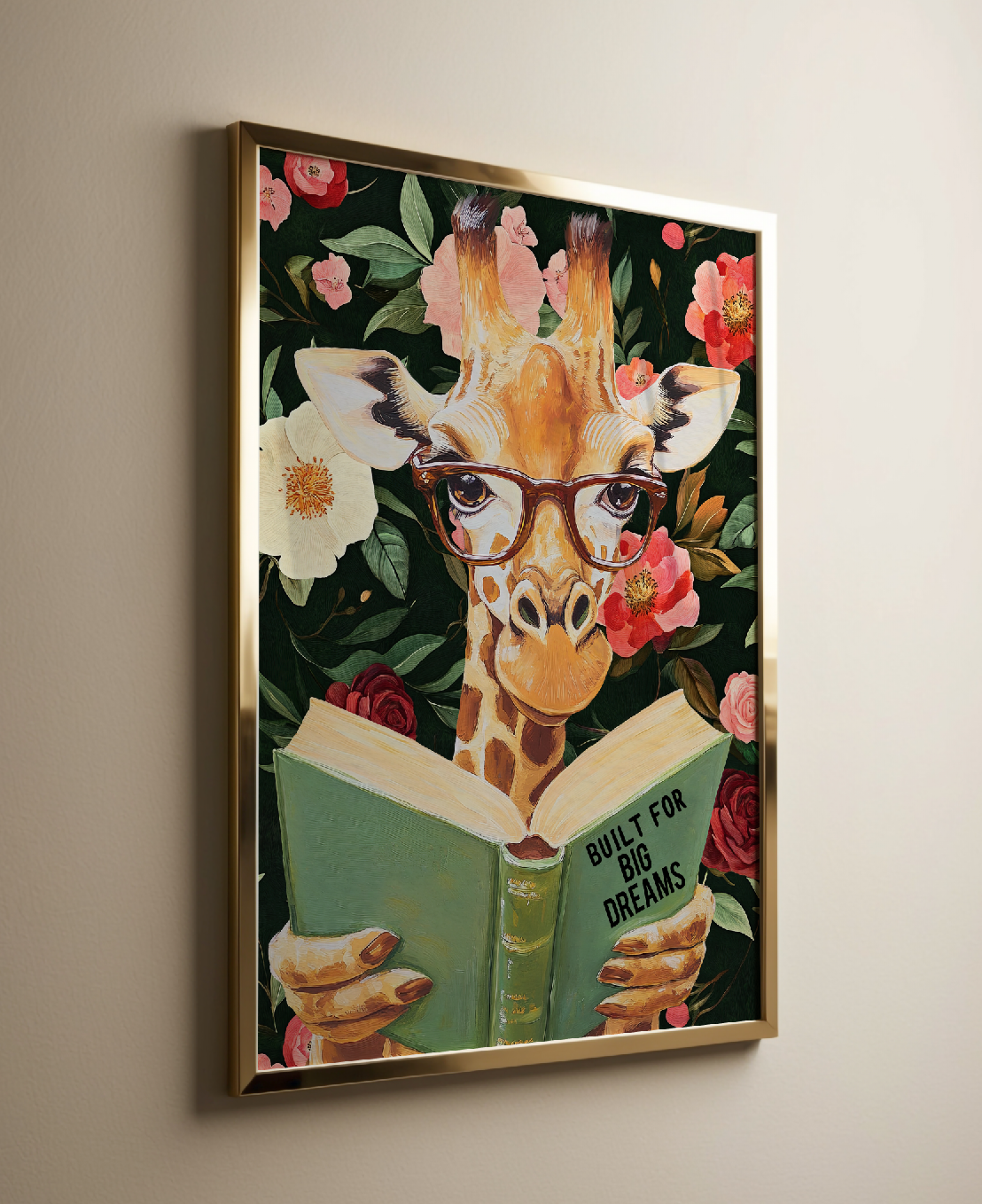 Giraffe Reading Book Art Print – "Built for Big Dreams," Literary Animal Decor, Whimsical Giraffe Illustration, Kids Room Wall Art