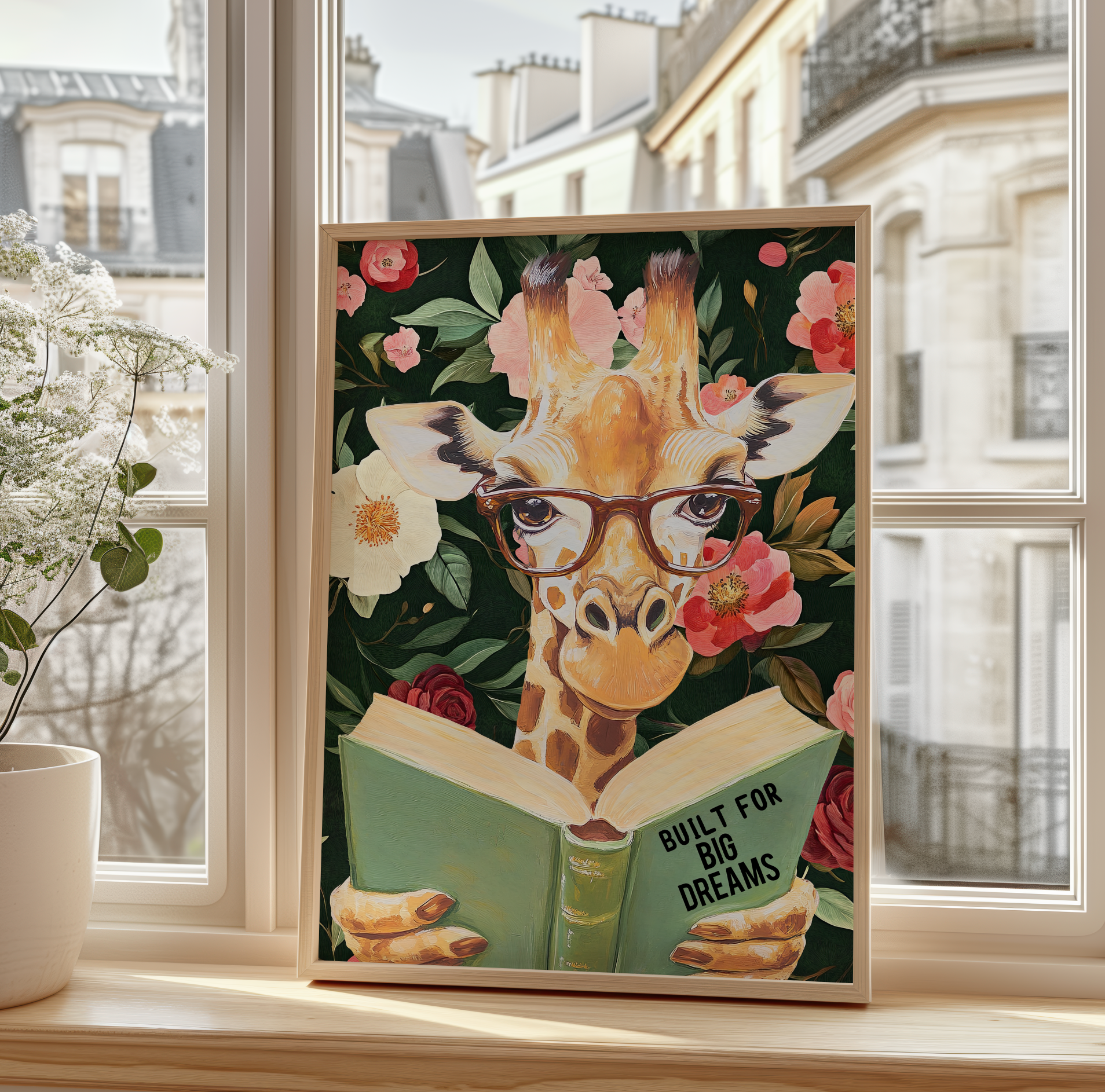 Giraffe Reading Book Art Print – "Built for Big Dreams," Literary Animal Decor, Whimsical Giraffe Illustration, Kids Room Wall Art