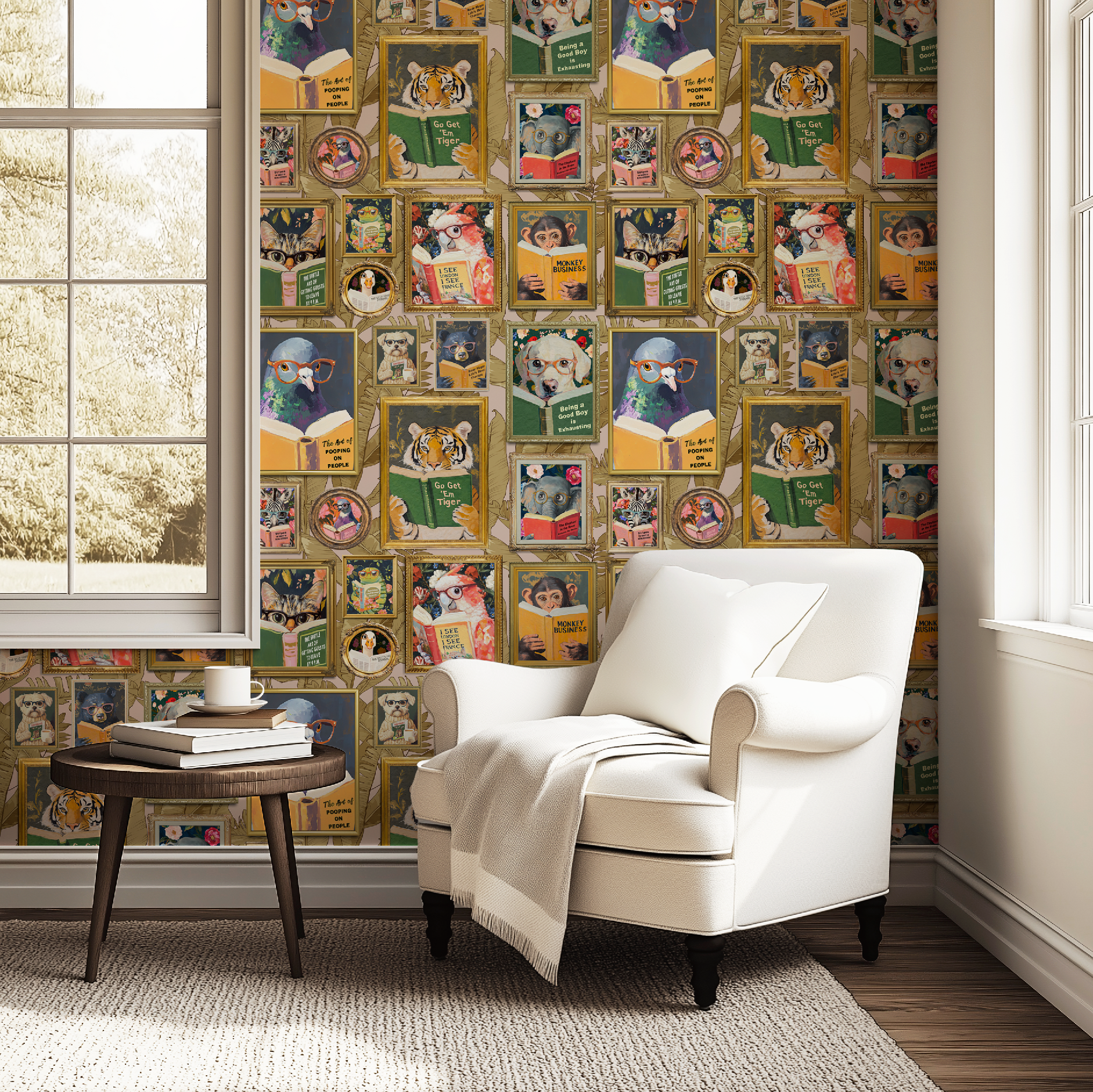 Whimsical Animals Reading Wallpaper - Version 2