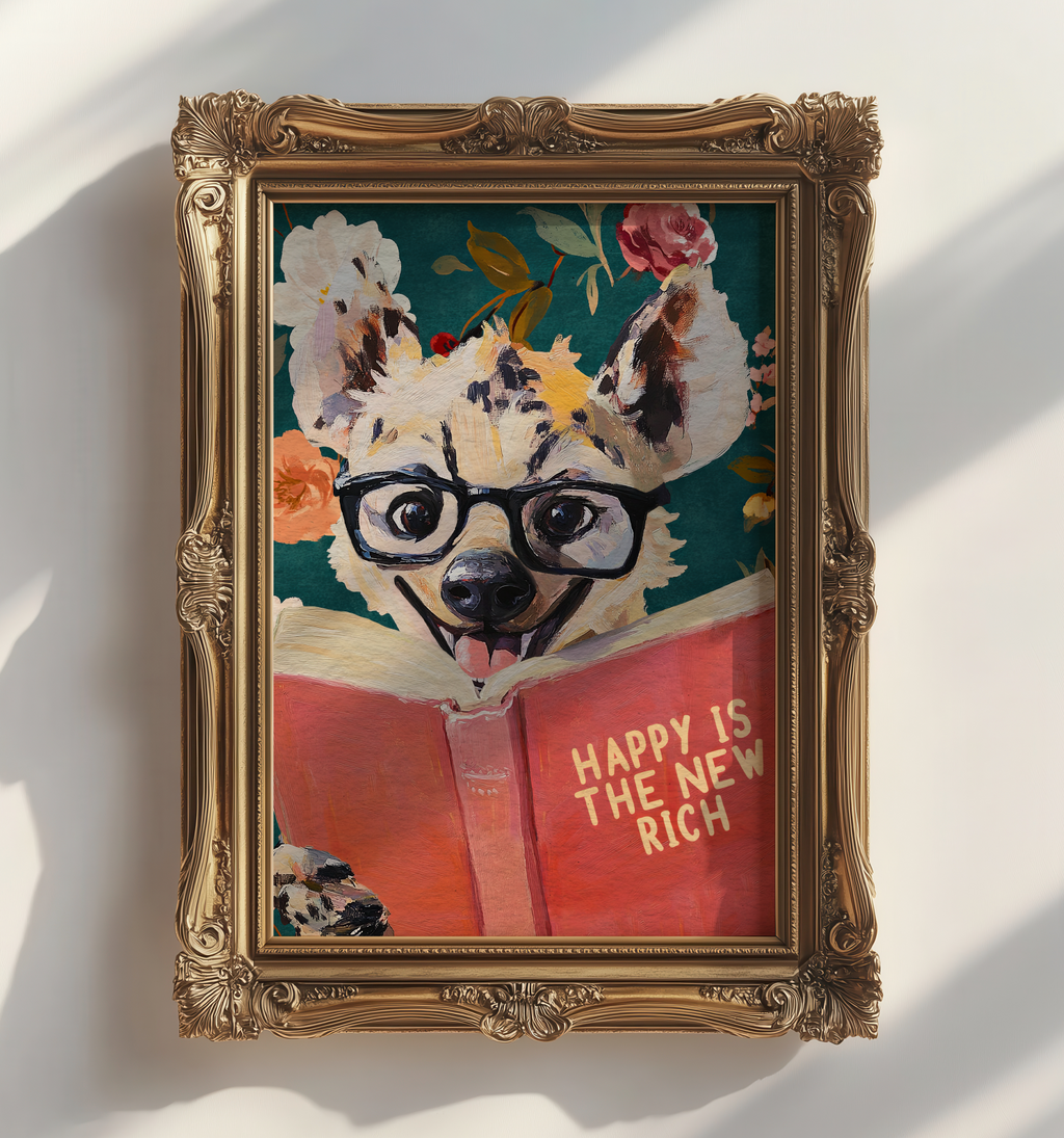 Happy Is the New Rich: Laughing Hyena Reading Book Literary Art Print – Whimsical Animal Quote Poster