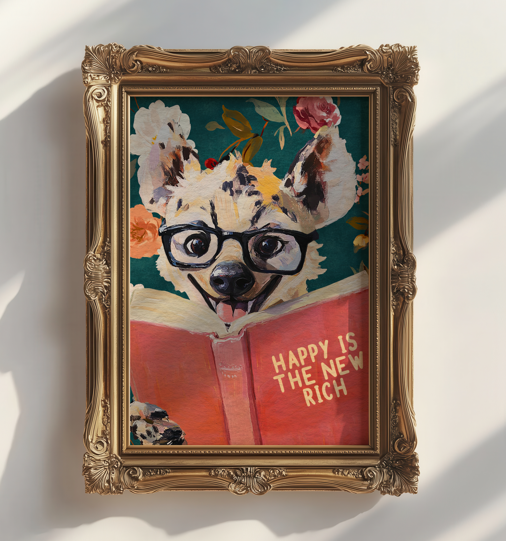 Happy Is the New Rich: Laughing Hyena Reading Book Literary Art Print – Whimsical Animal Quote Poster