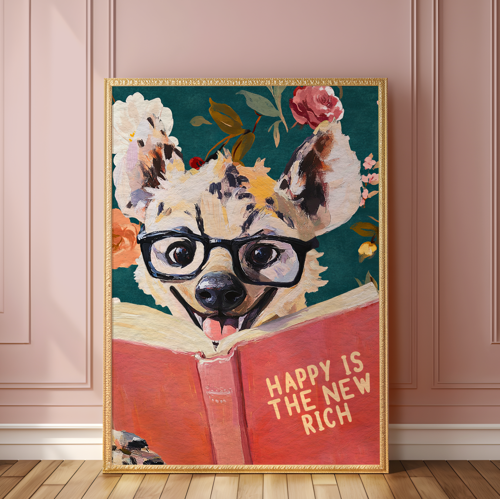 Happy Is the New Rich: Laughing Hyena Reading Book Literary Art Print – Whimsical Animal Quote Poster