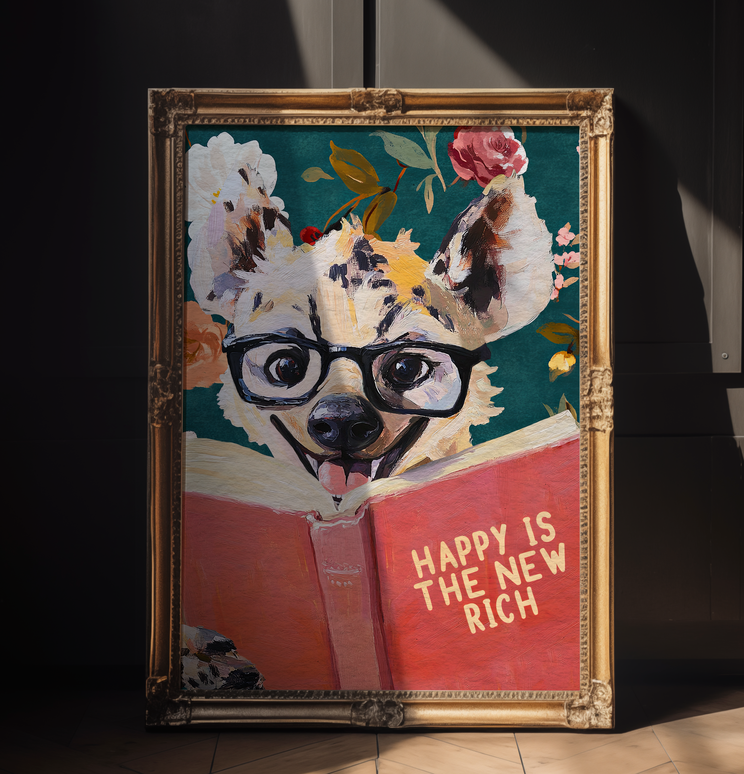 Happy Is the New Rich: Laughing Hyena Reading Book Literary Art Print – Whimsical Animal Quote Poster