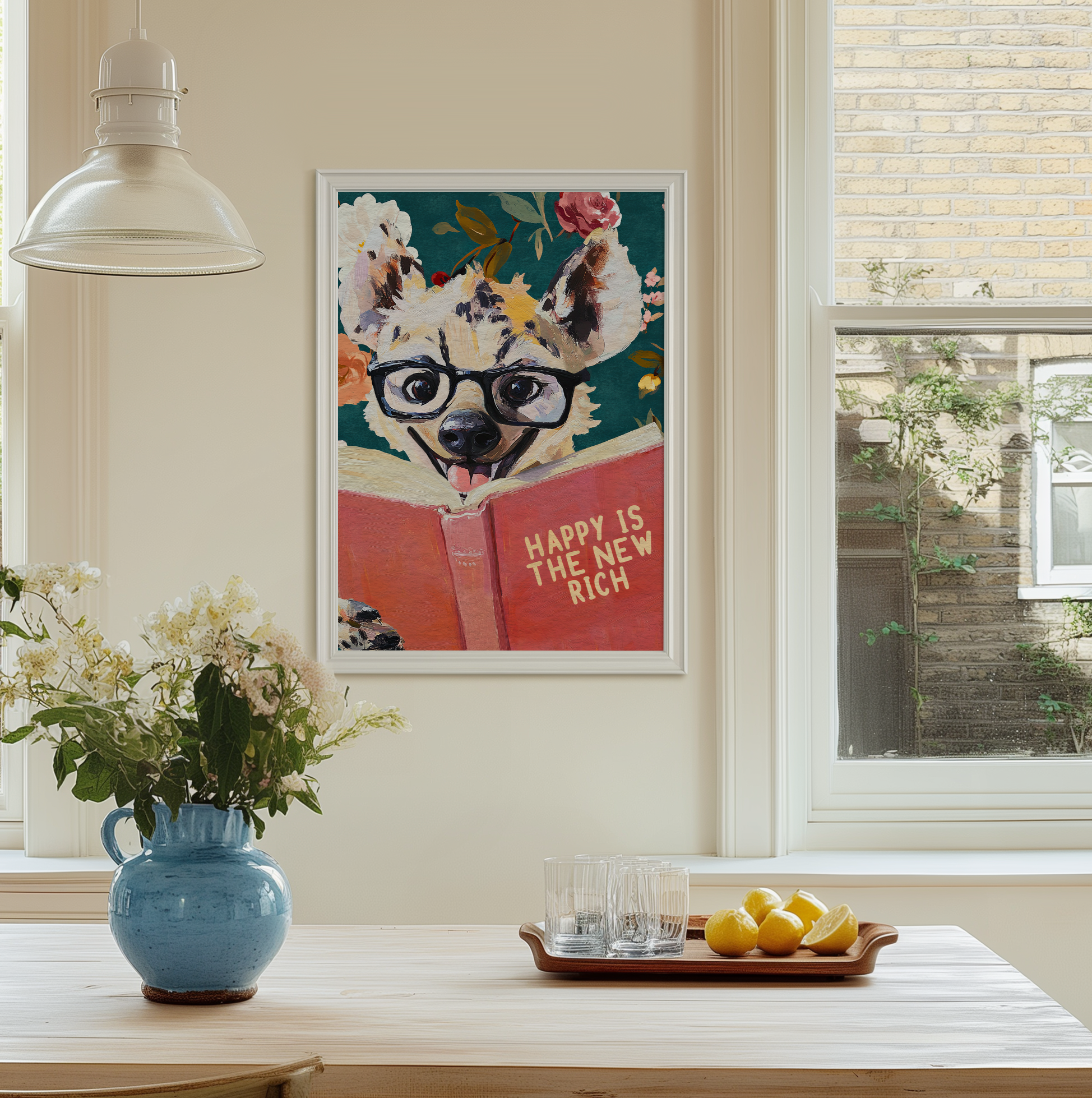 Happy Is the New Rich: Laughing Hyena Reading Book Literary Art Print – Whimsical Animal Quote Poster