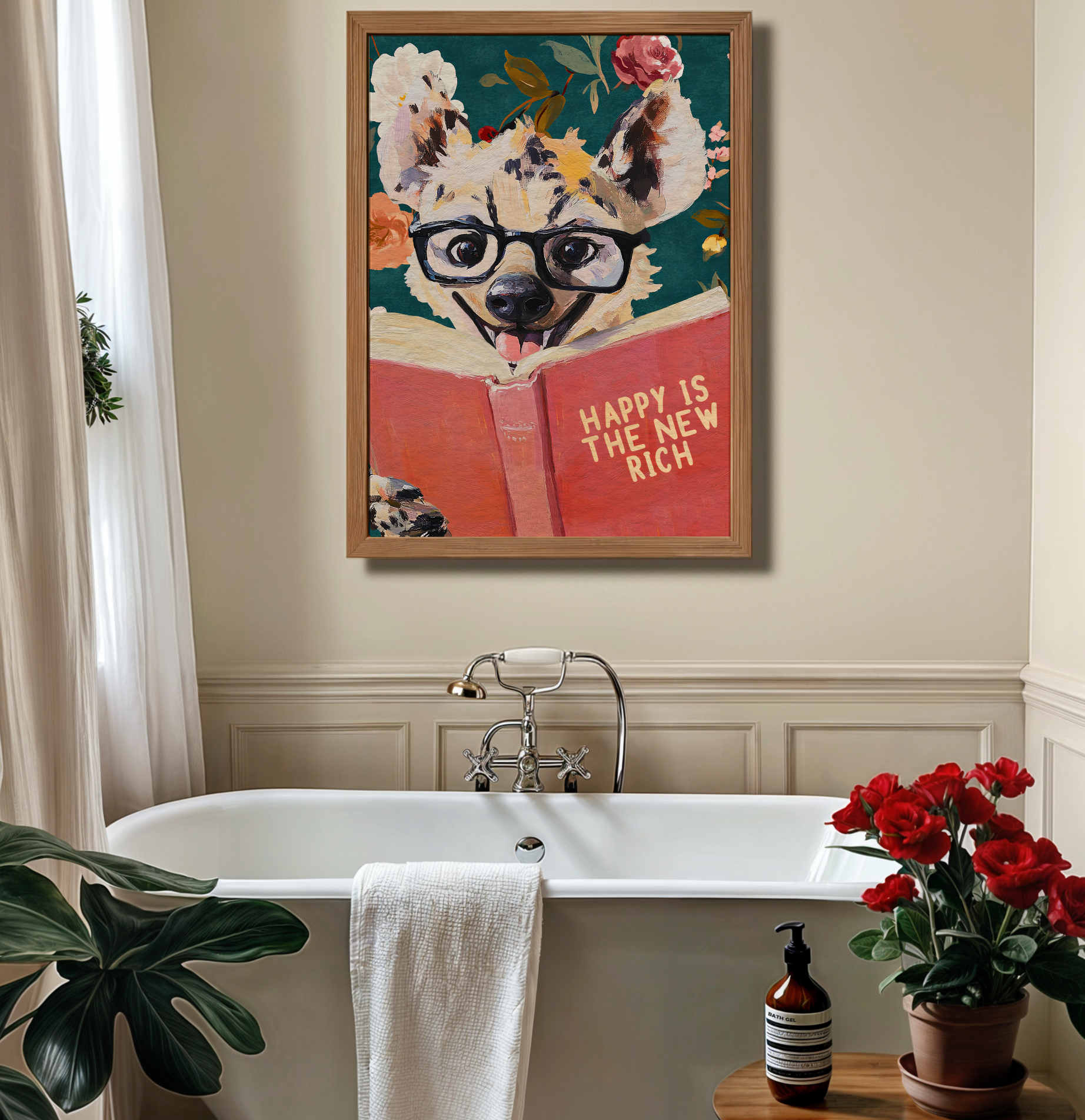 Happy Is the New Rich: Laughing Hyena Reading Book Literary Art Print – Whimsical Animal Quote Poster