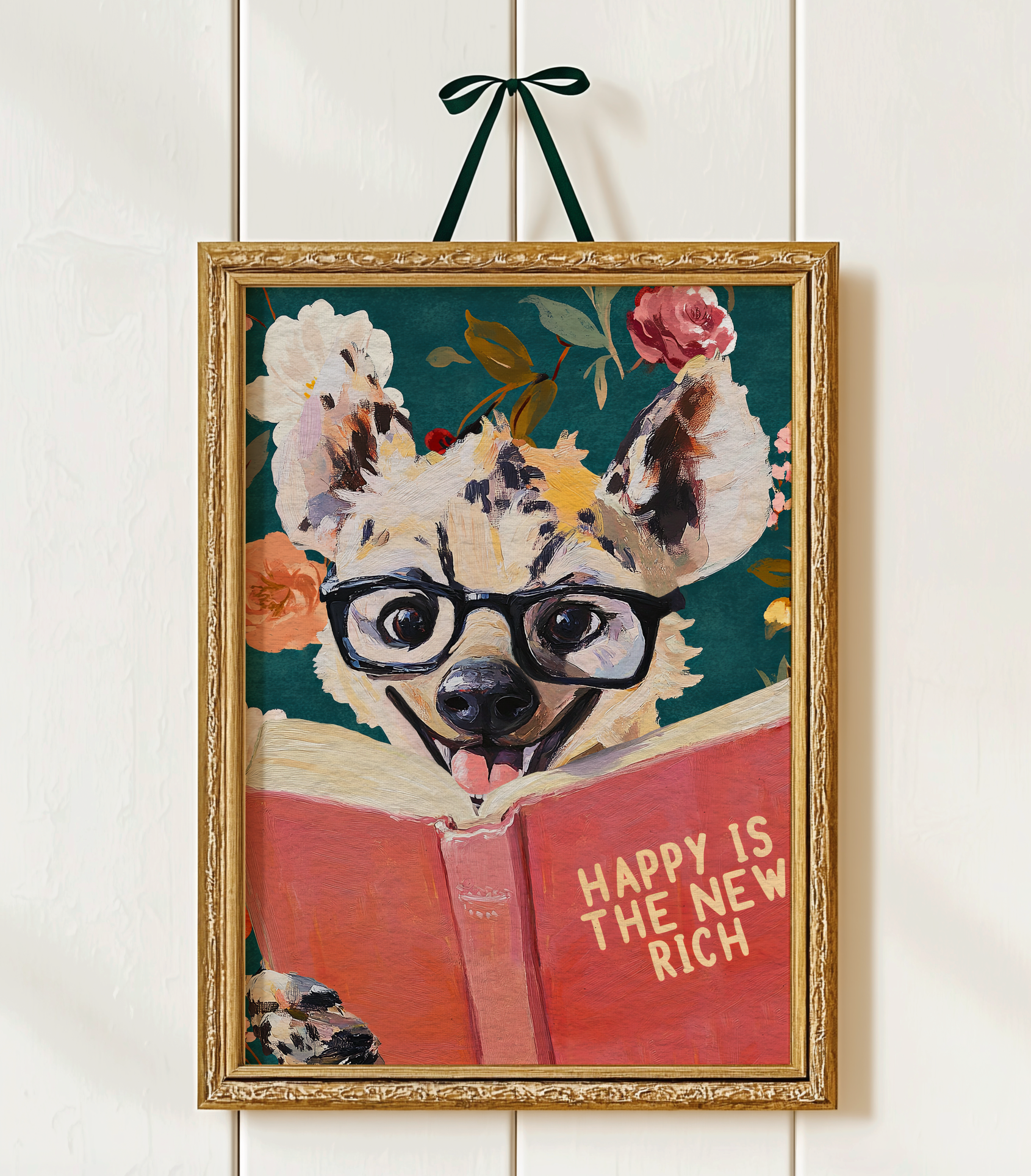 Happy Is the New Rich: Laughing Hyena Reading Book Literary Art Print – Whimsical Animal Quote Poster