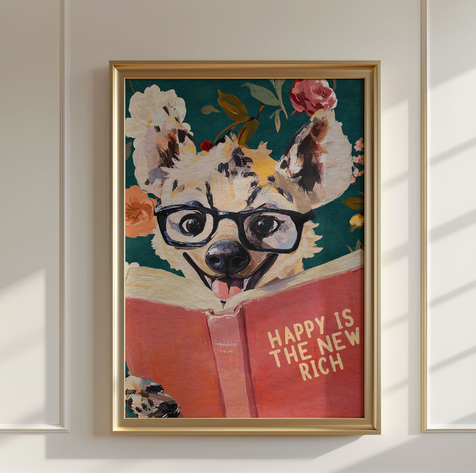 Happy Is the New Rich: Laughing Hyena Reading Book Literary Art Print – Whimsical Animal Quote Poster
