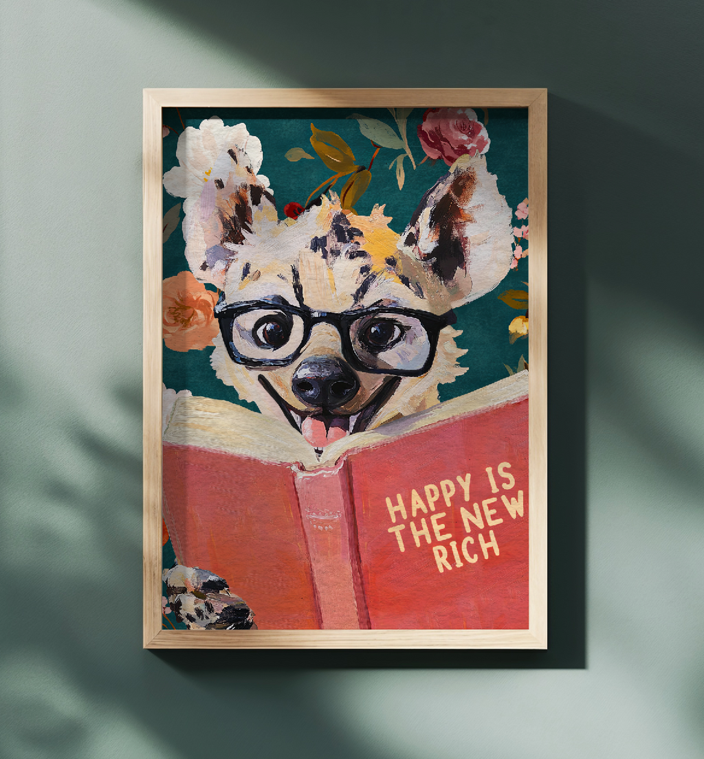 Happy Is the New Rich: Laughing Hyena Reading Book Literary Art Print – Whimsical Animal Quote Poster