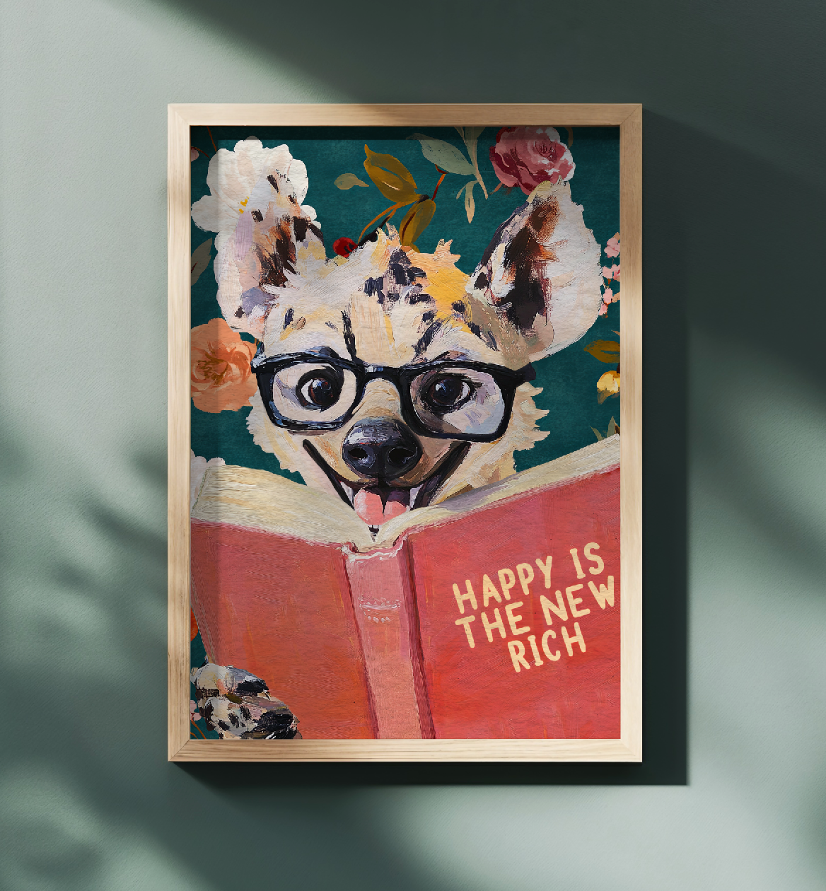 Happy Is the New Rich: Laughing Hyena Reading Book Literary Art Print – Whimsical Animal Quote Poster