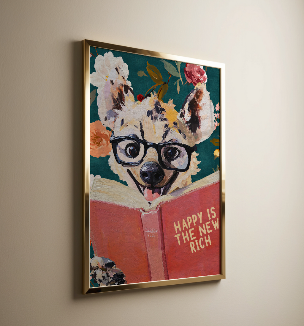 Happy Is the New Rich: Laughing Hyena Reading Book Literary Art Print – Whimsical Animal Quote Poster