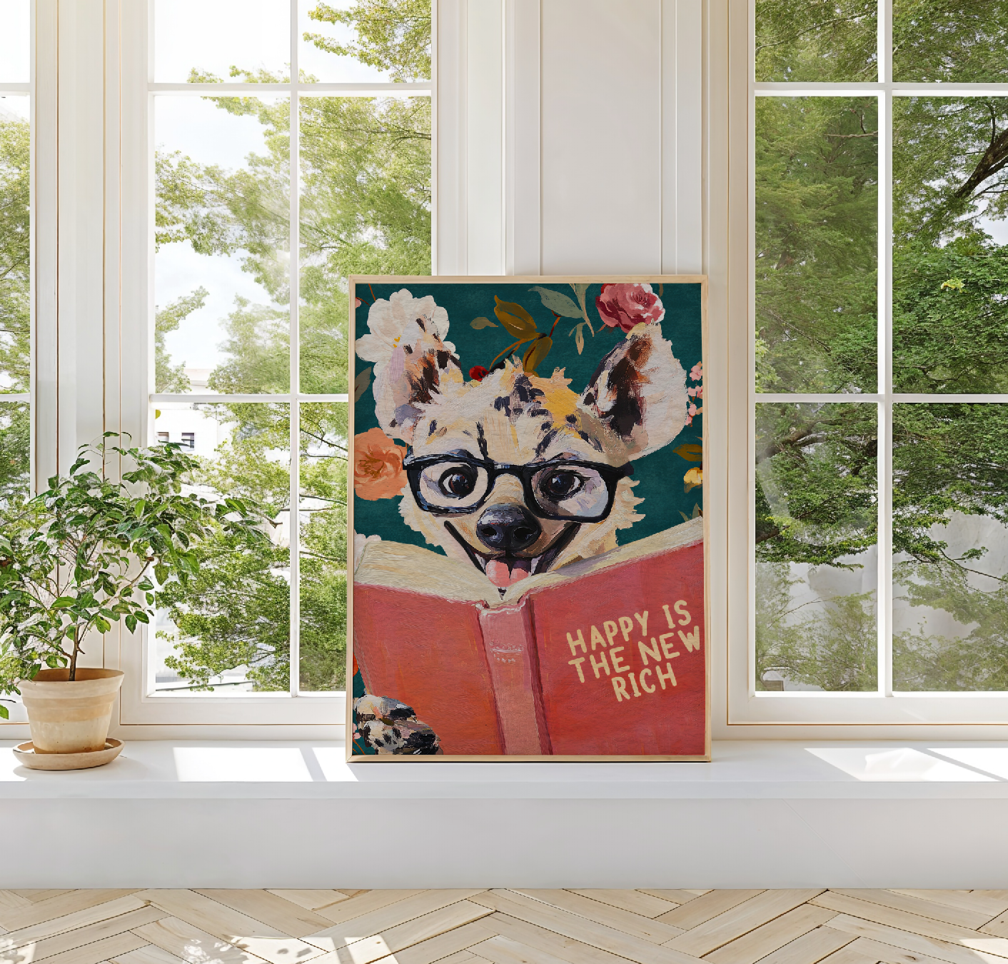 Happy Is the New Rich: Laughing Hyena Reading Book Literary Art Print – Whimsical Animal Quote Poster