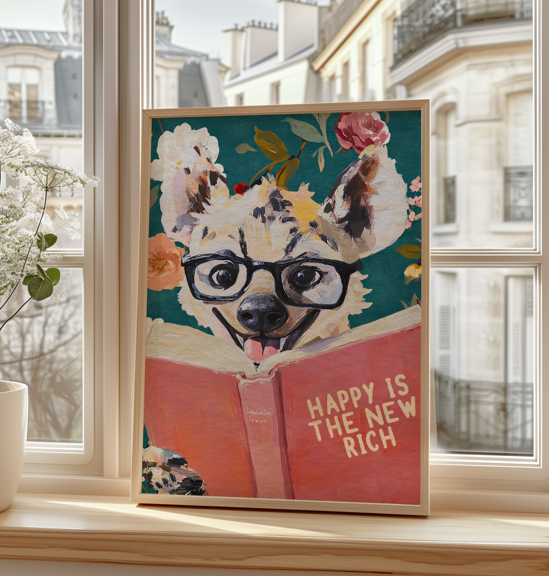 Happy Is the New Rich: Laughing Hyena Reading Book Literary Art Print – Whimsical Animal Quote Poster