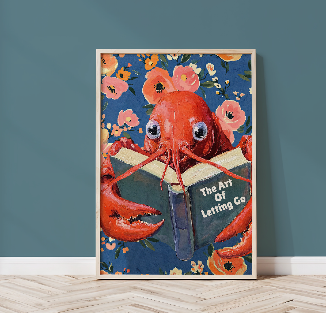 Lobster Reading “The Art of Letting Go” – Funny Book Art Print, Quirky Librarian Kitchen or Shelf Decor